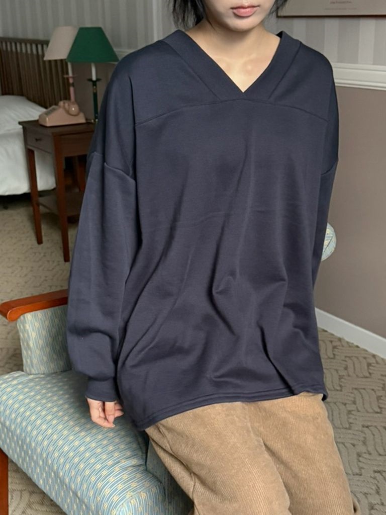 裏起毛Vネックラインボクシールーズ長袖Tシャツ | 詳細画像5