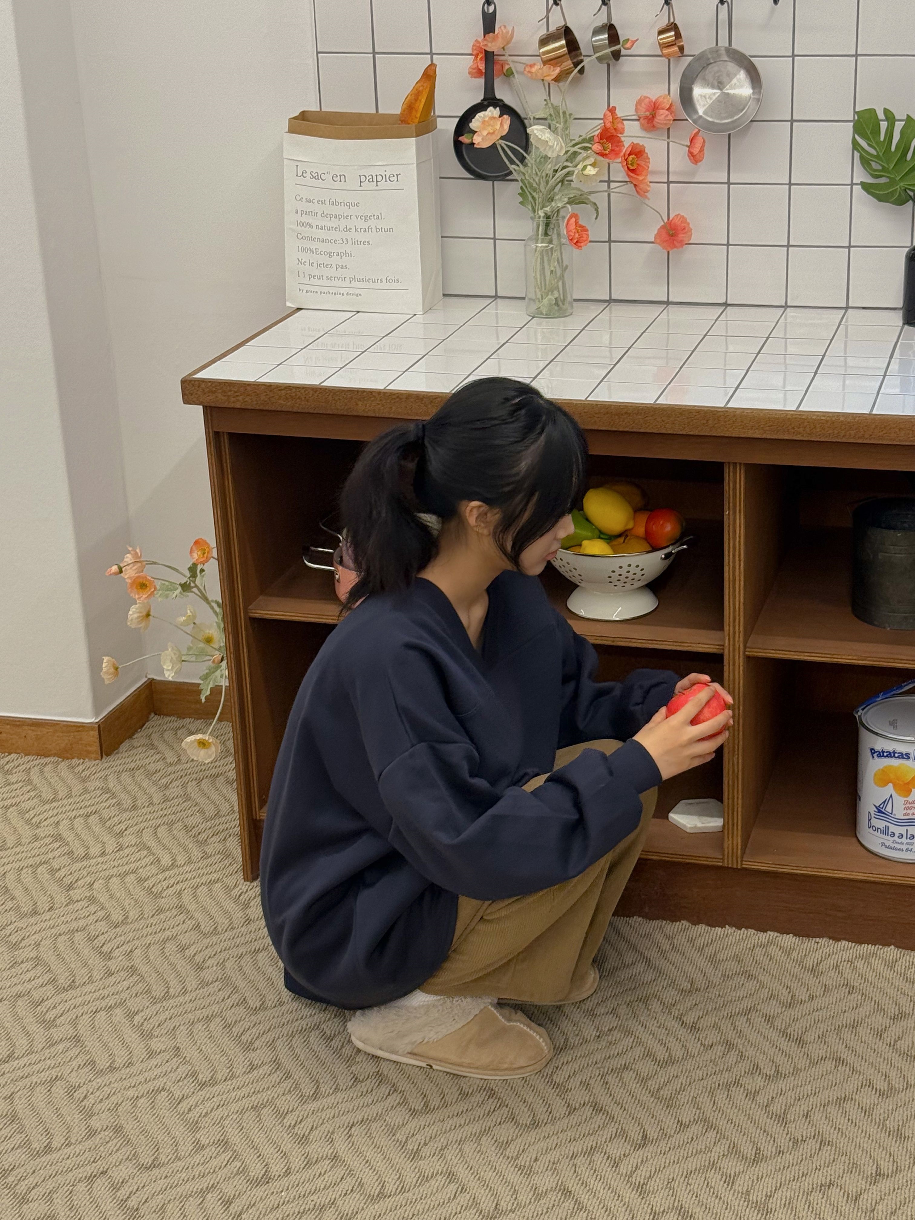 裏起毛Vネックラインボクシールーズ長袖Tシャツ | 詳細画像8