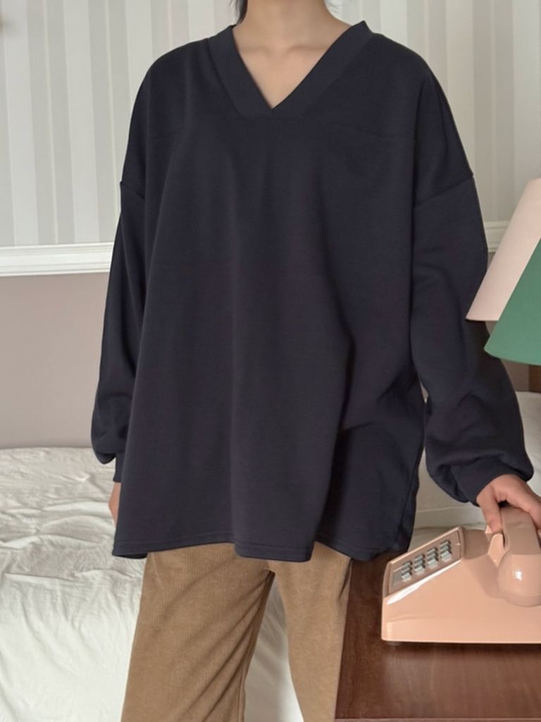 裏起毛Vネックラインボクシールーズ長袖Tシャツ | 詳細画像9