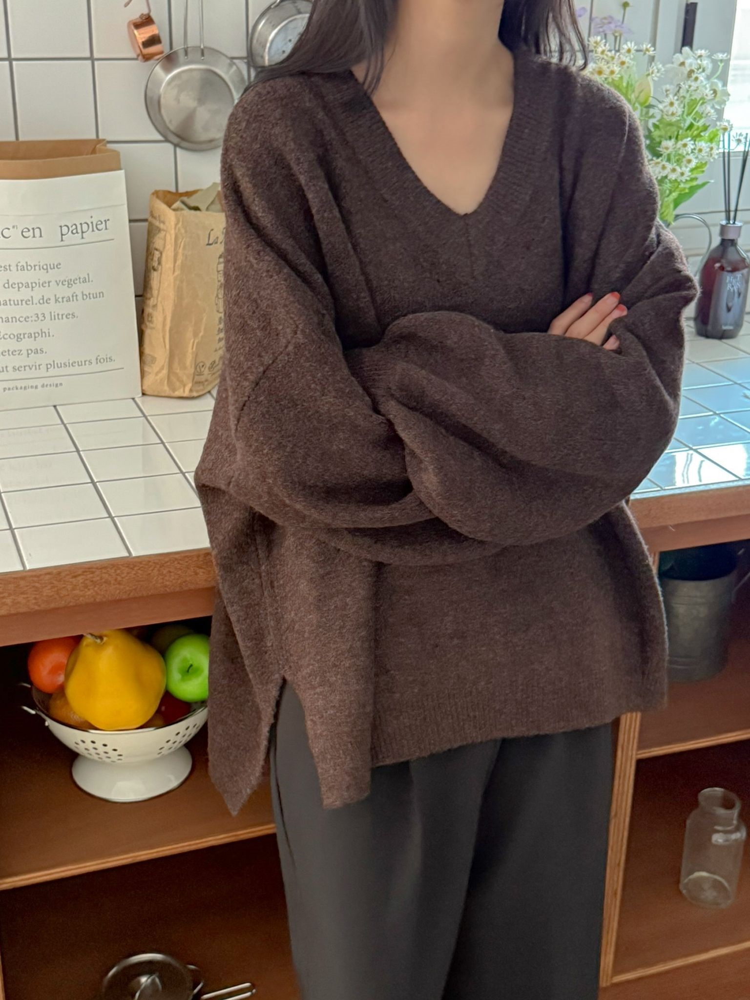 Vネックルーズ長袖ニット | 詳細画像7