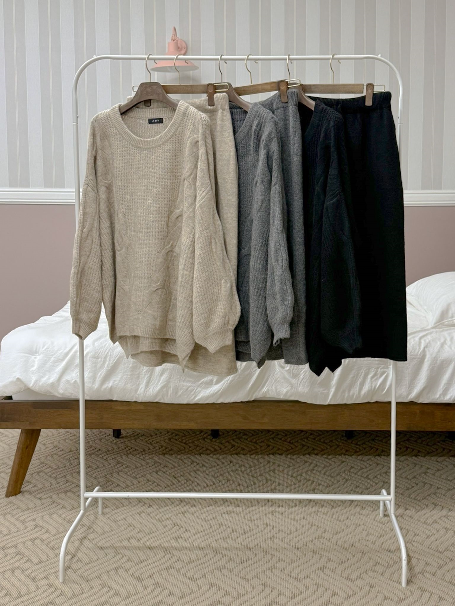 ニットラウンドネックウエストゴムボクシーロングルーズ長袖ケーブルセットアップスカートニット | 詳細画像2