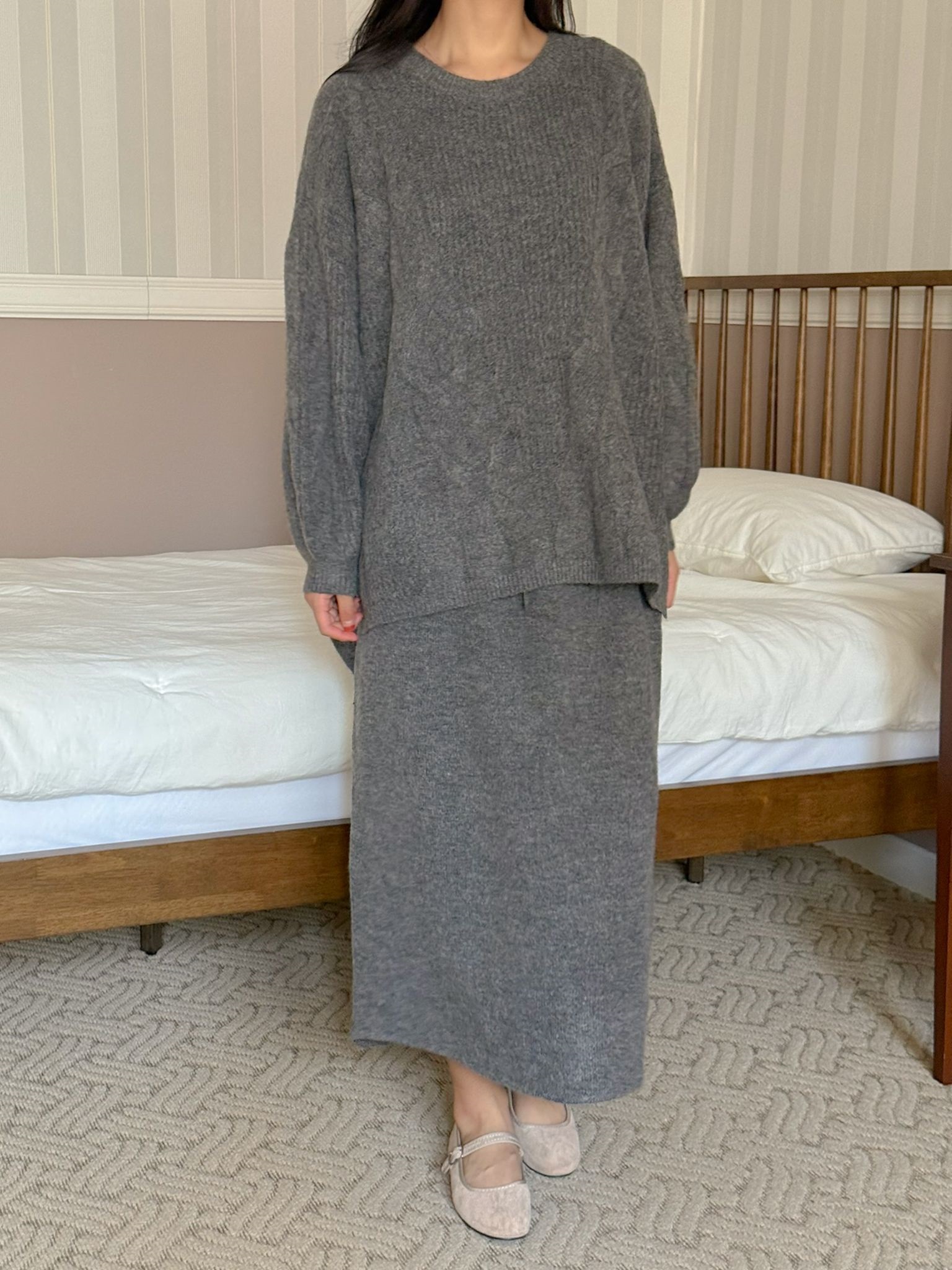 ニットラウンドネックウエストゴムボクシーロングルーズ長袖ケーブルセットアップスカートニット | 詳細画像3