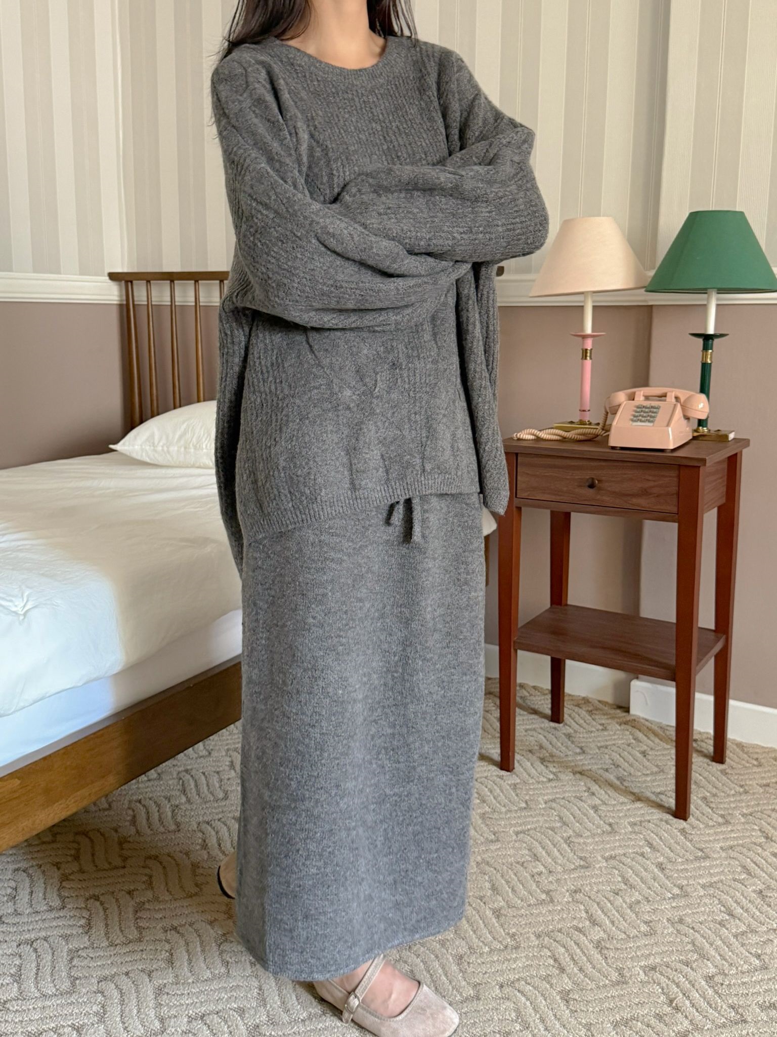 ニットラウンドネックウエストゴムボクシーロングルーズ長袖ケーブルセットアップスカートニット | 詳細画像4