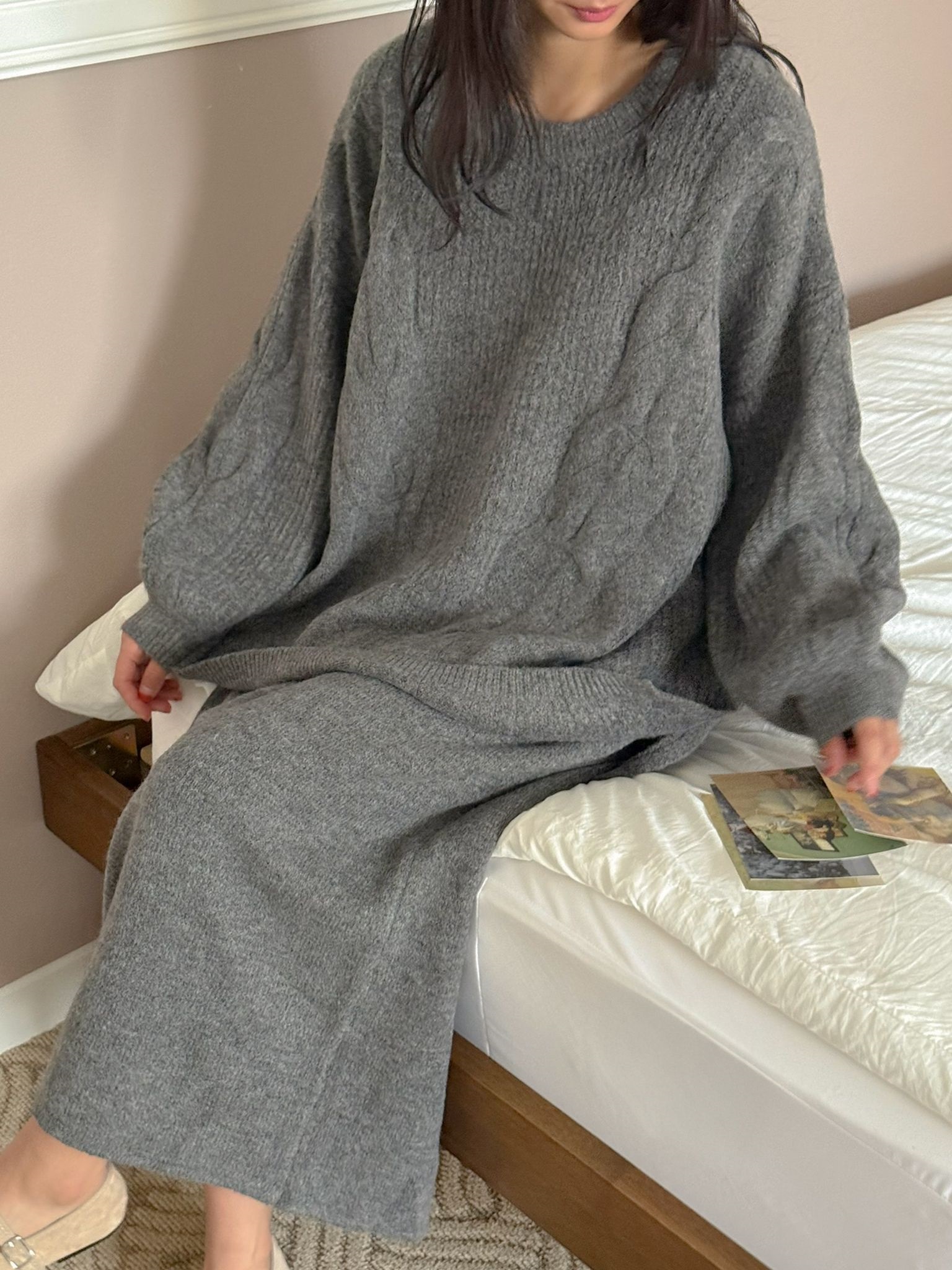 ニットラウンドネックウエストゴムボクシーロングルーズ長袖ケーブルセットアップスカートニット | 詳細画像5