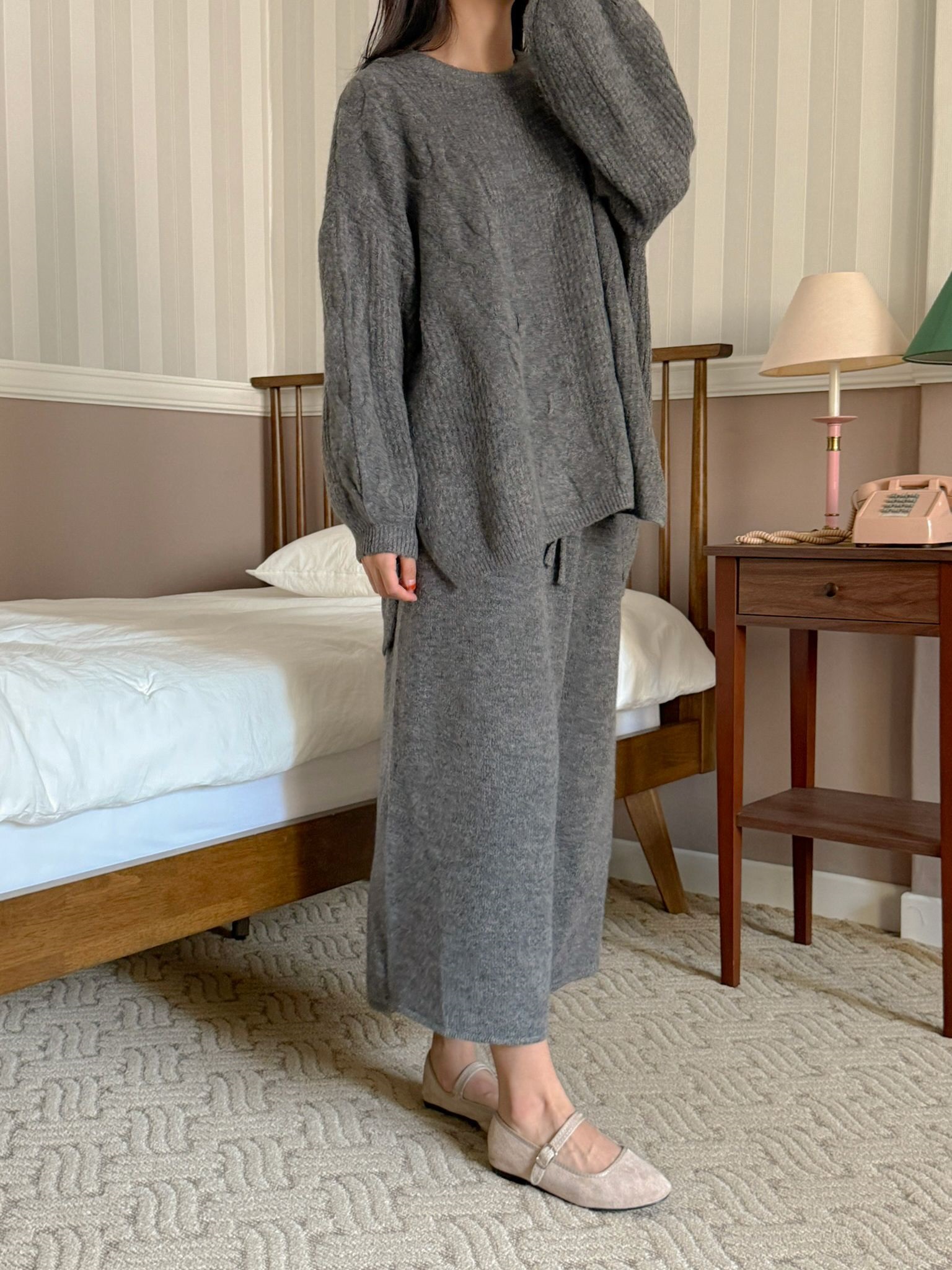 ニットラウンドネックウエストゴムボクシーロングルーズ長袖ケーブルセットアップスカートニット | 詳細画像6