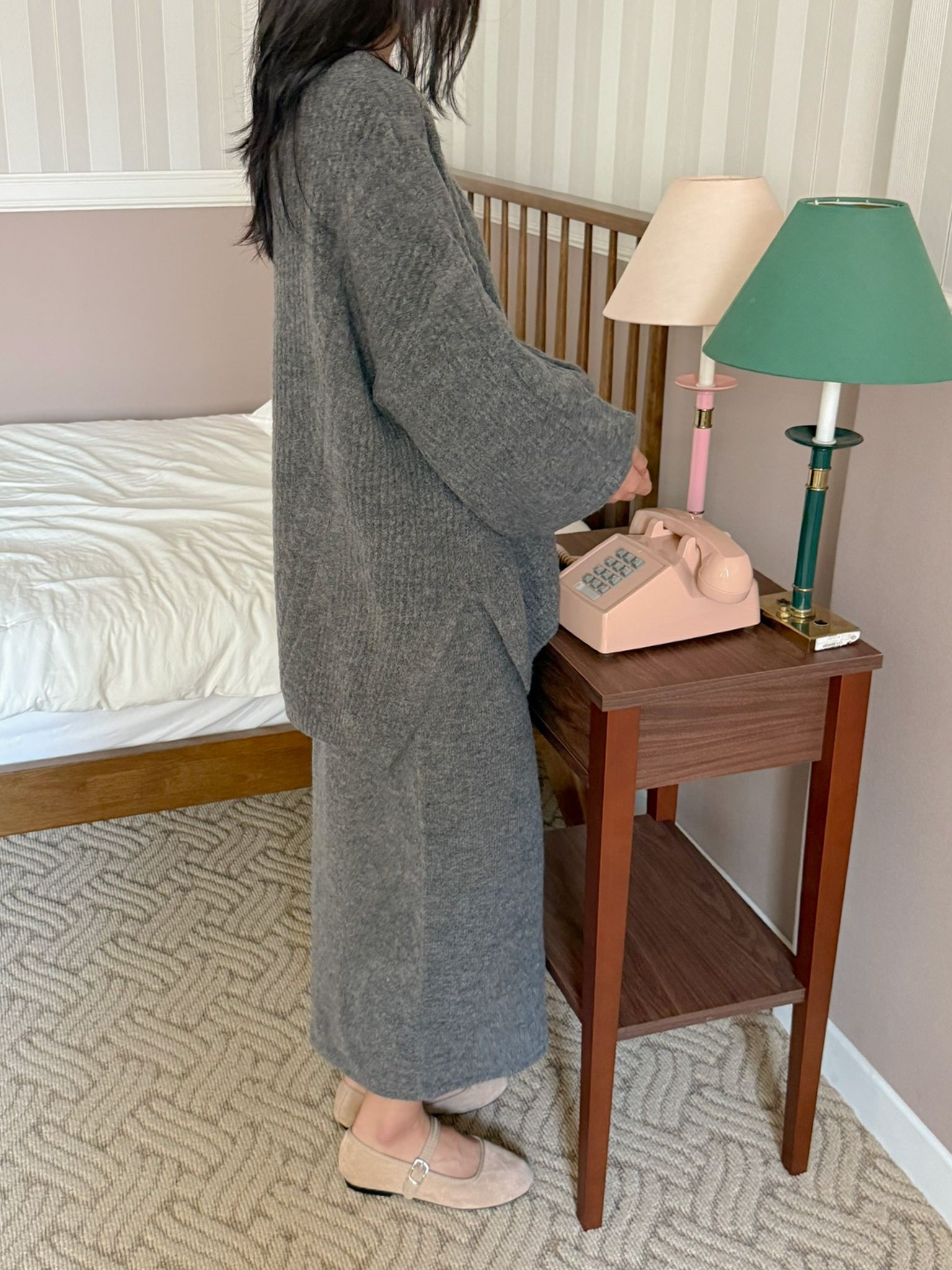 ニットラウンドネックウエストゴムボクシーロングルーズ長袖ケーブルセットアップスカートニット | 詳細画像8