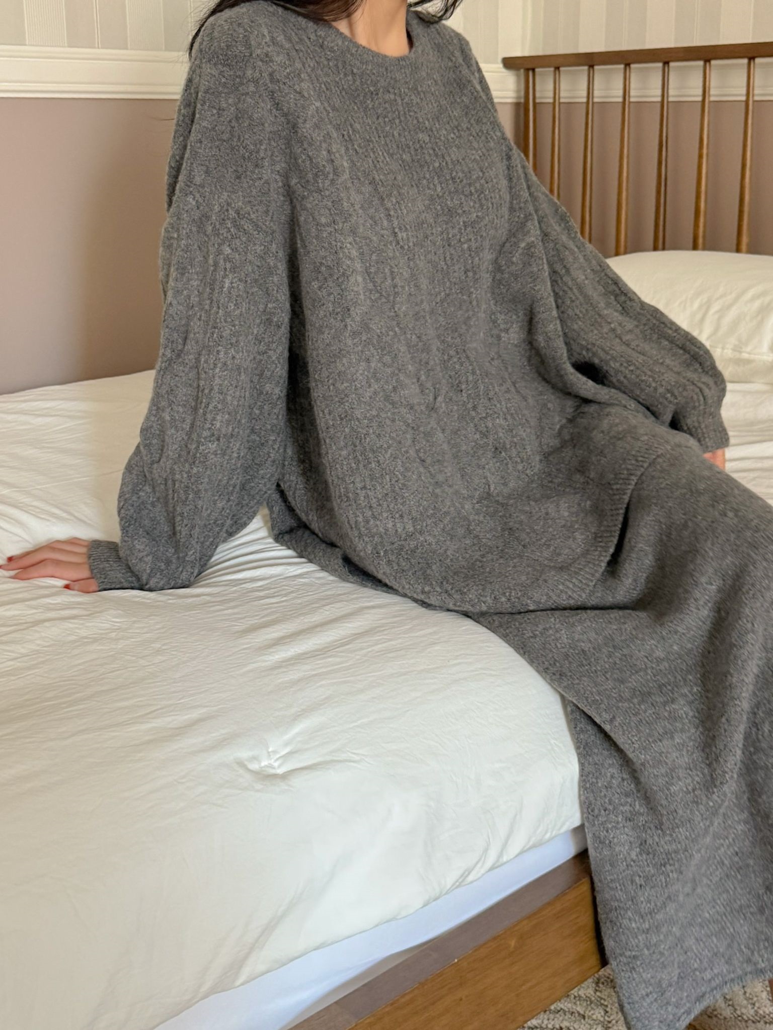 ニットラウンドネックウエストゴムボクシーロングルーズ長袖ケーブルセットアップスカートニット | 詳細画像9