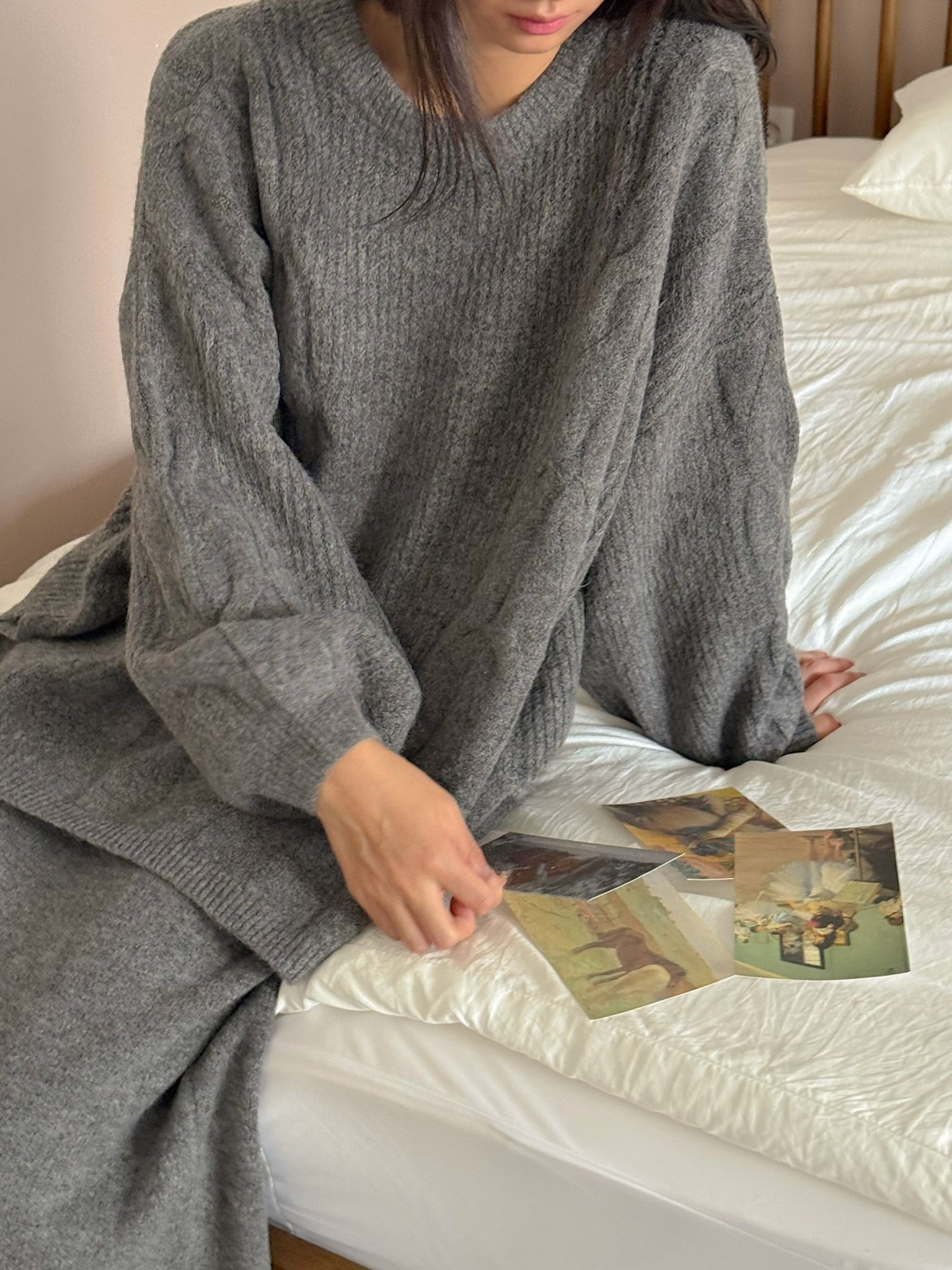 ニットラウンドネックウエストゴムボクシーロングルーズ長袖ケーブルセットアップスカートニット | 詳細画像10