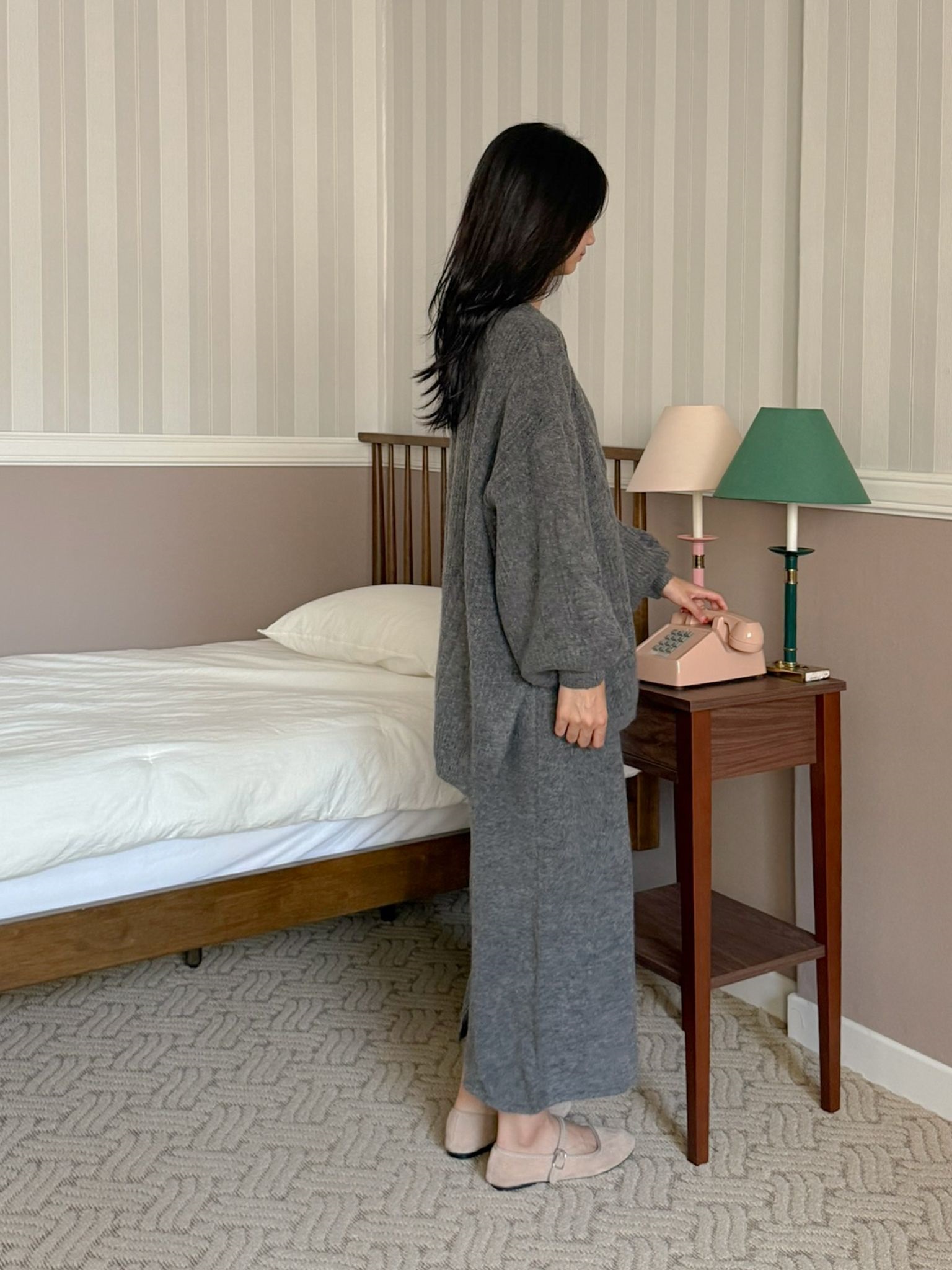 ニットラウンドネックウエストゴムボクシーロングルーズ長袖ケーブルセットアップスカートニット | 詳細画像11