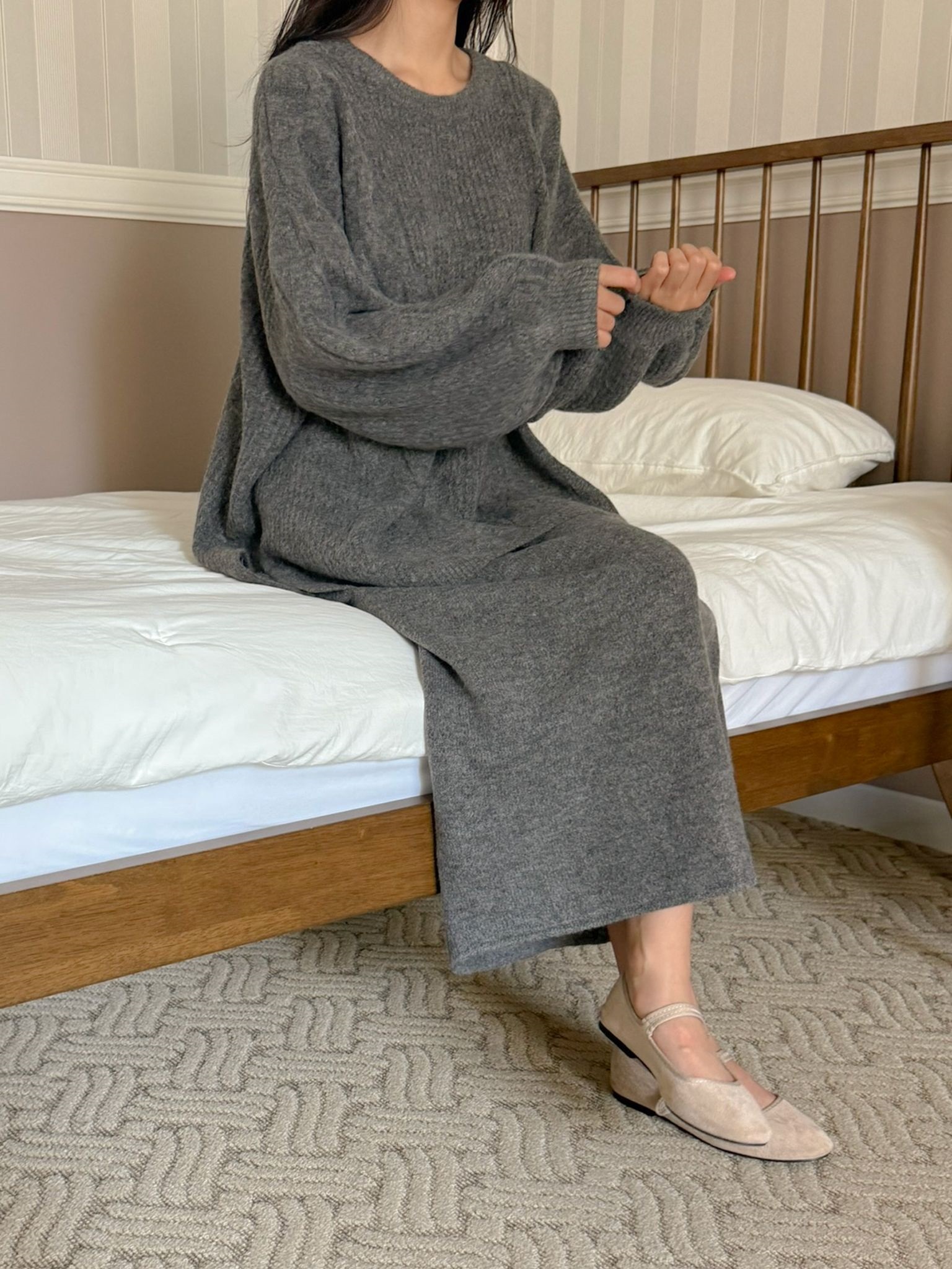 ニットラウンドネックウエストゴムボクシーロングルーズ長袖ケーブルセットアップスカートニット | 詳細画像12