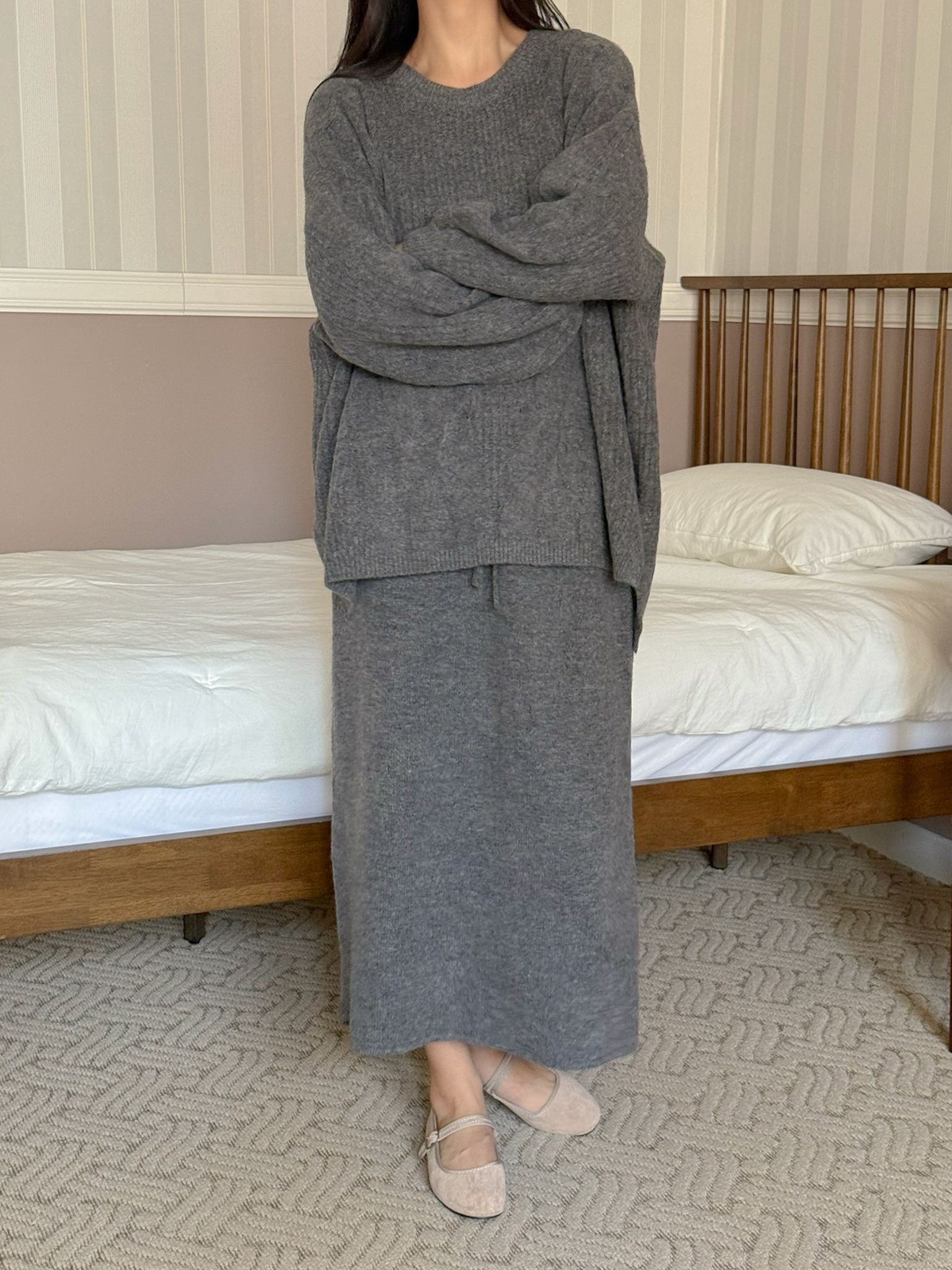 ニットラウンドネックウエストゴムボクシーロングルーズ長袖ケーブルセットアップスカートニット | 詳細画像14