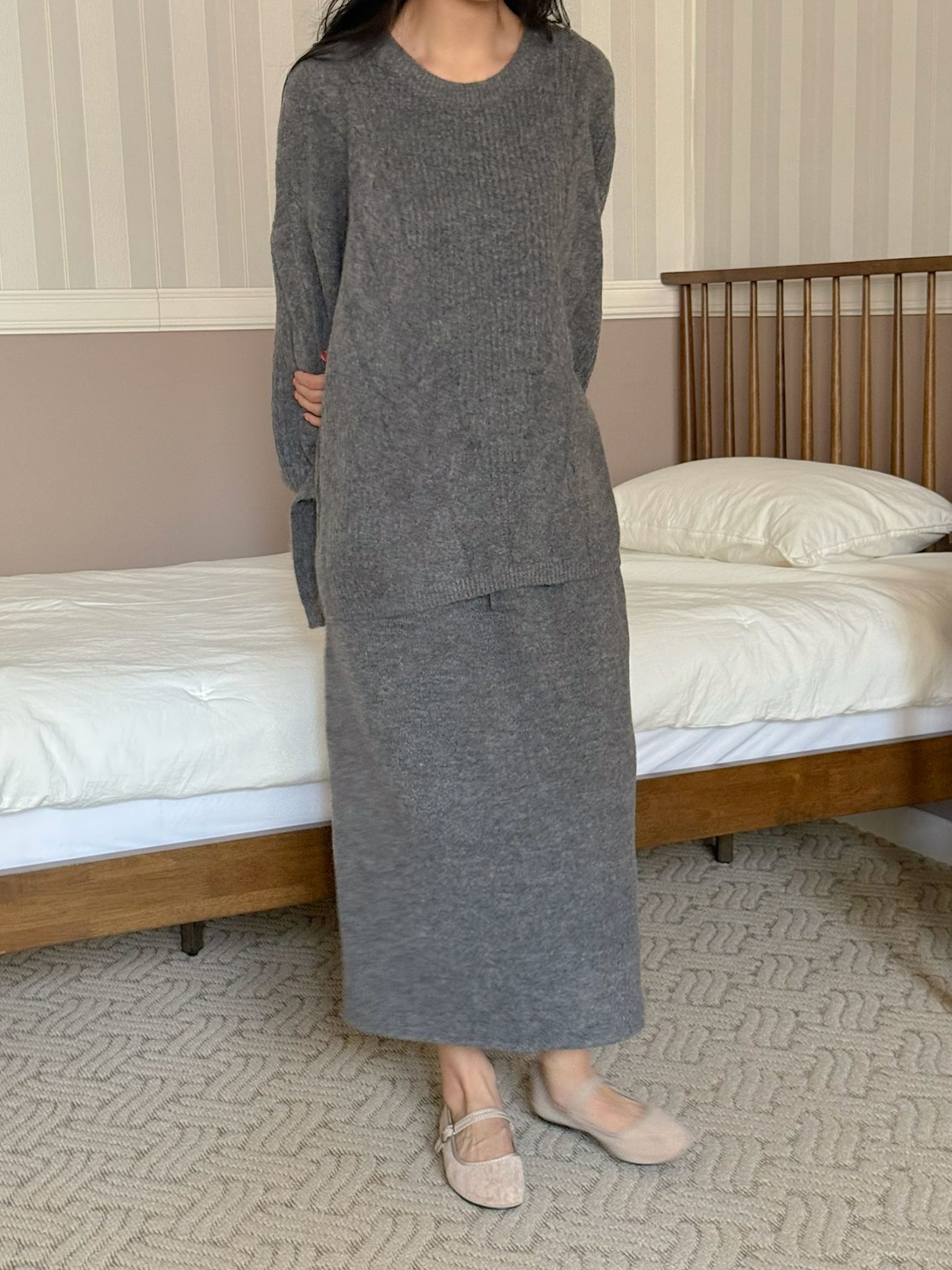 ニットラウンドネックウエストゴムボクシーロングルーズ長袖ケーブルセットアップスカートニット | 詳細画像15