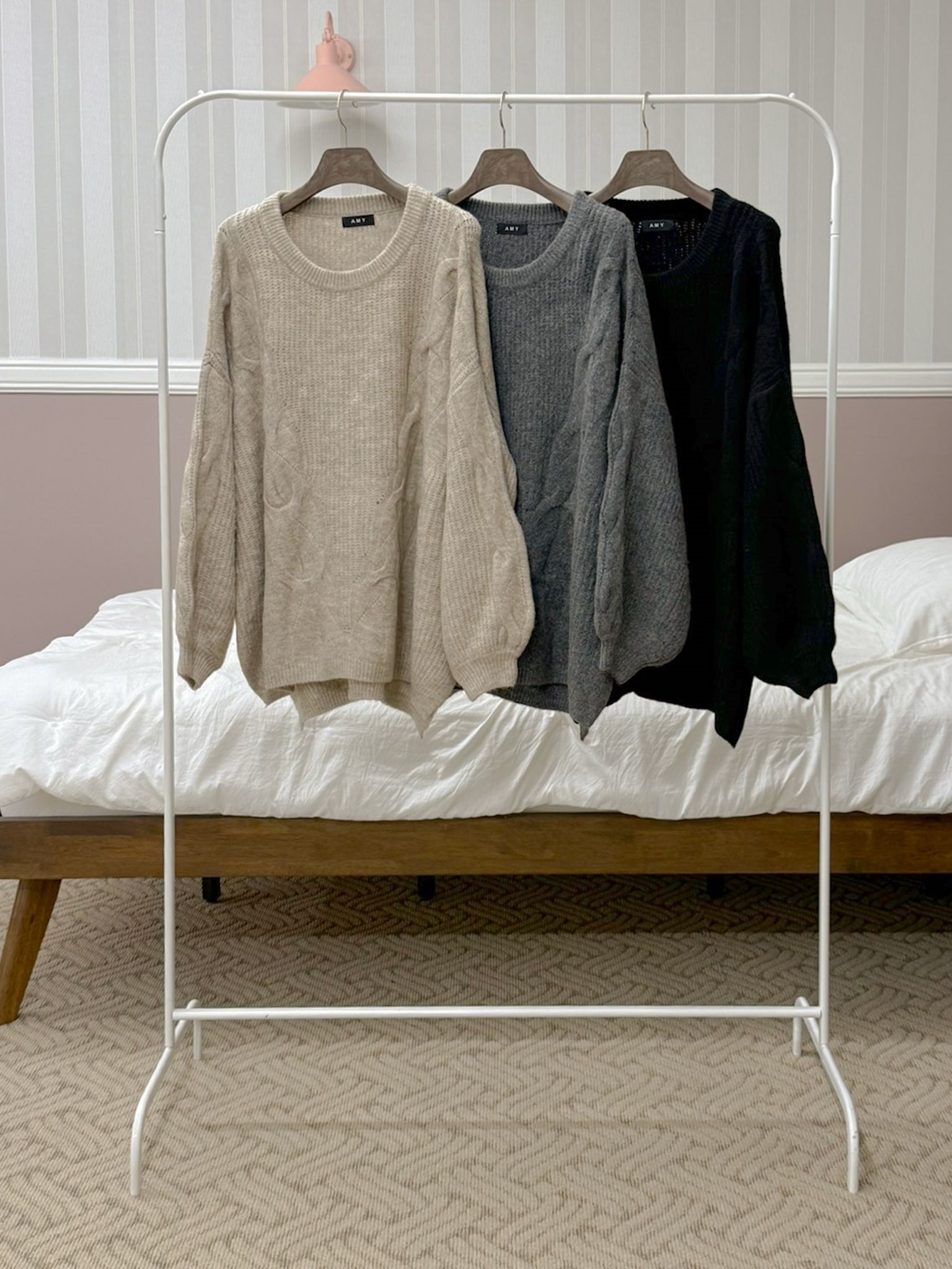 ニットラウンドネックウエストゴムボクシーロングルーズ長袖ケーブルセットアップスカートニット | 詳細画像16