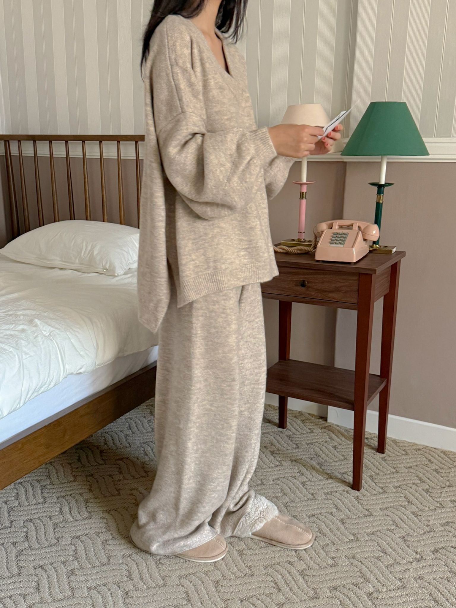 ニットVネックウエストゴムIラインルーズ長袖セットアップパンツニット | 詳細画像6