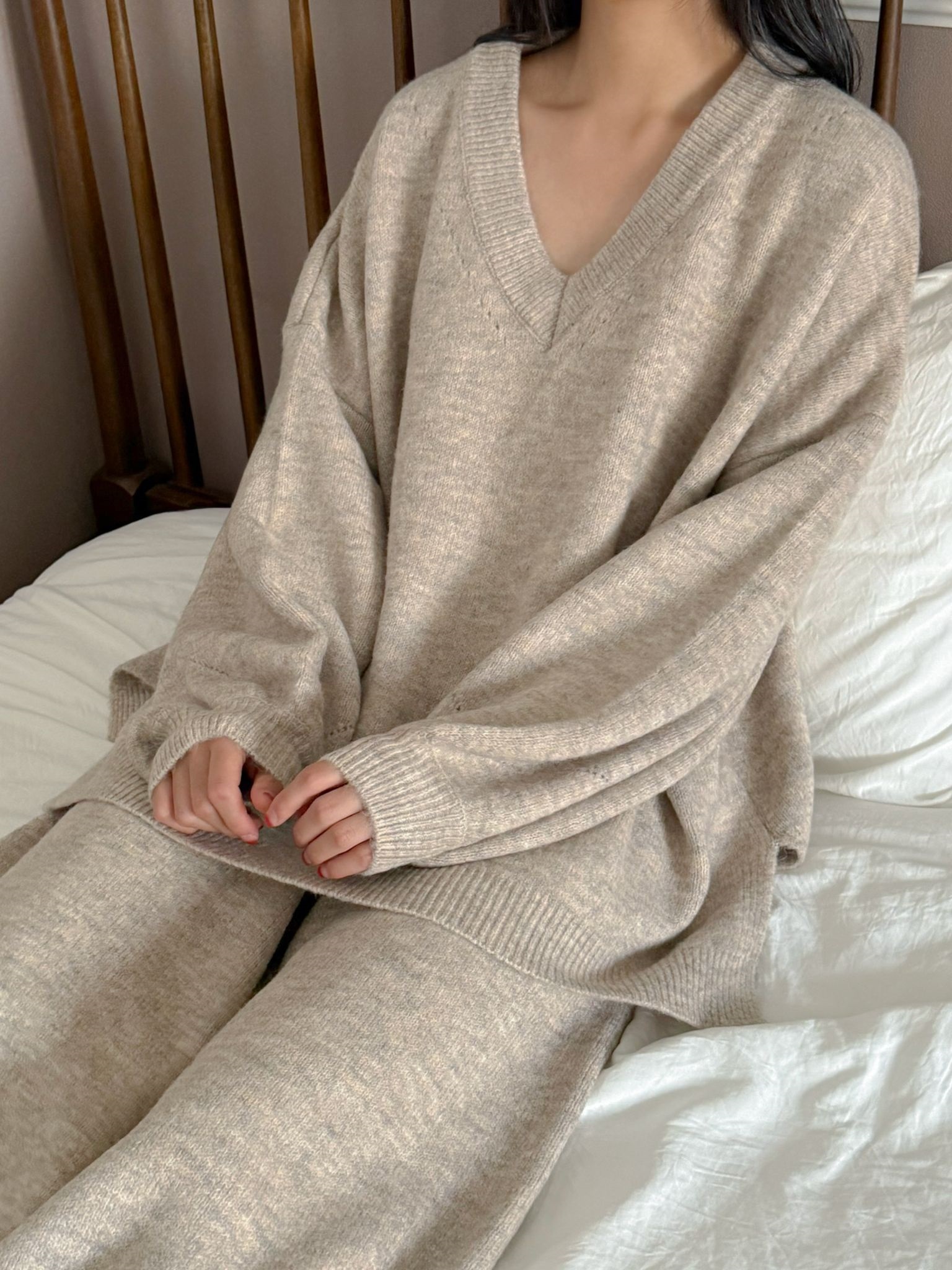 ニットVネックウエストゴムIラインルーズ長袖セットアップパンツニット | 詳細画像7