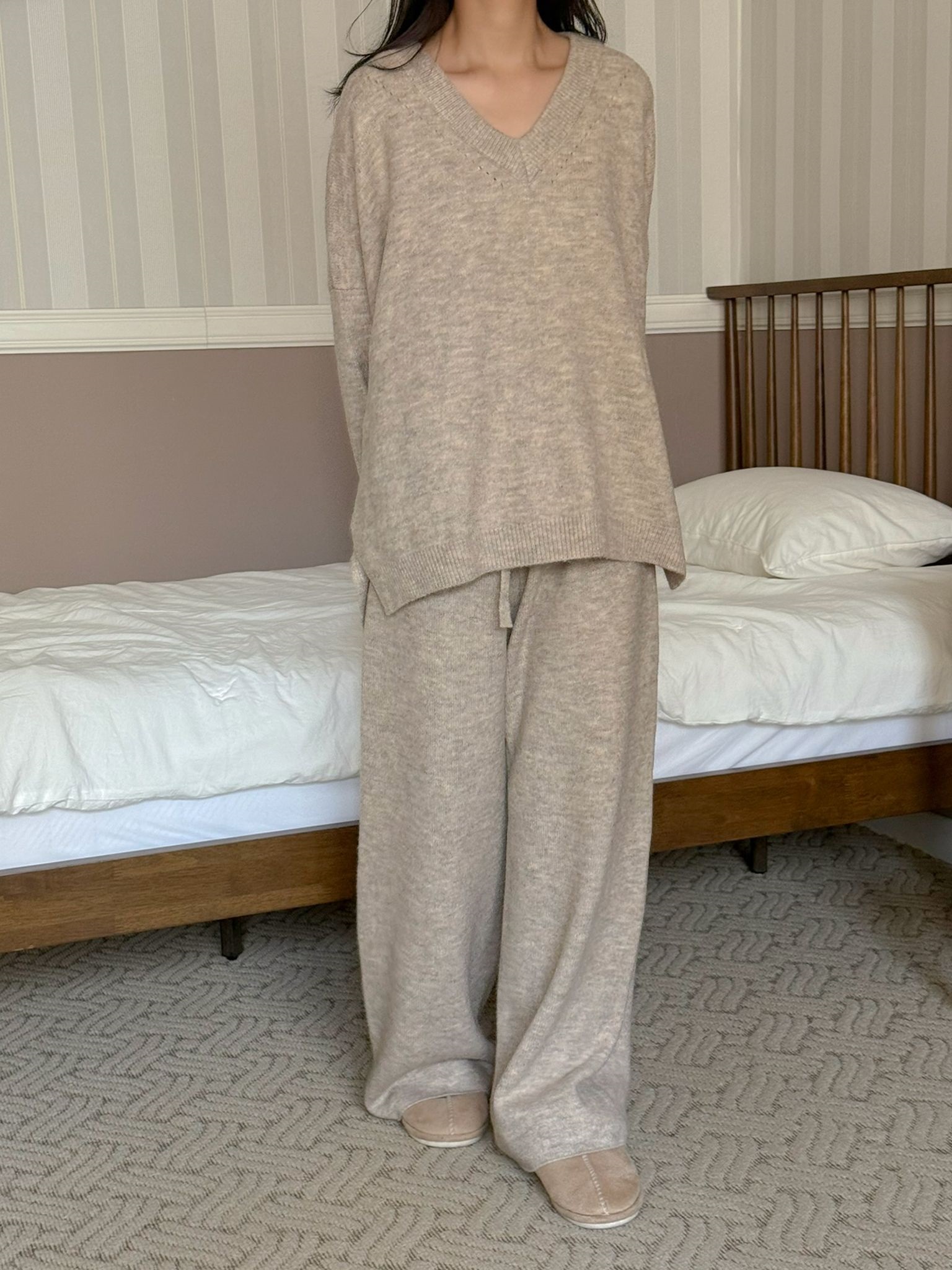 ニットVネックウエストゴムIラインルーズ長袖セットアップパンツニット | 詳細画像8