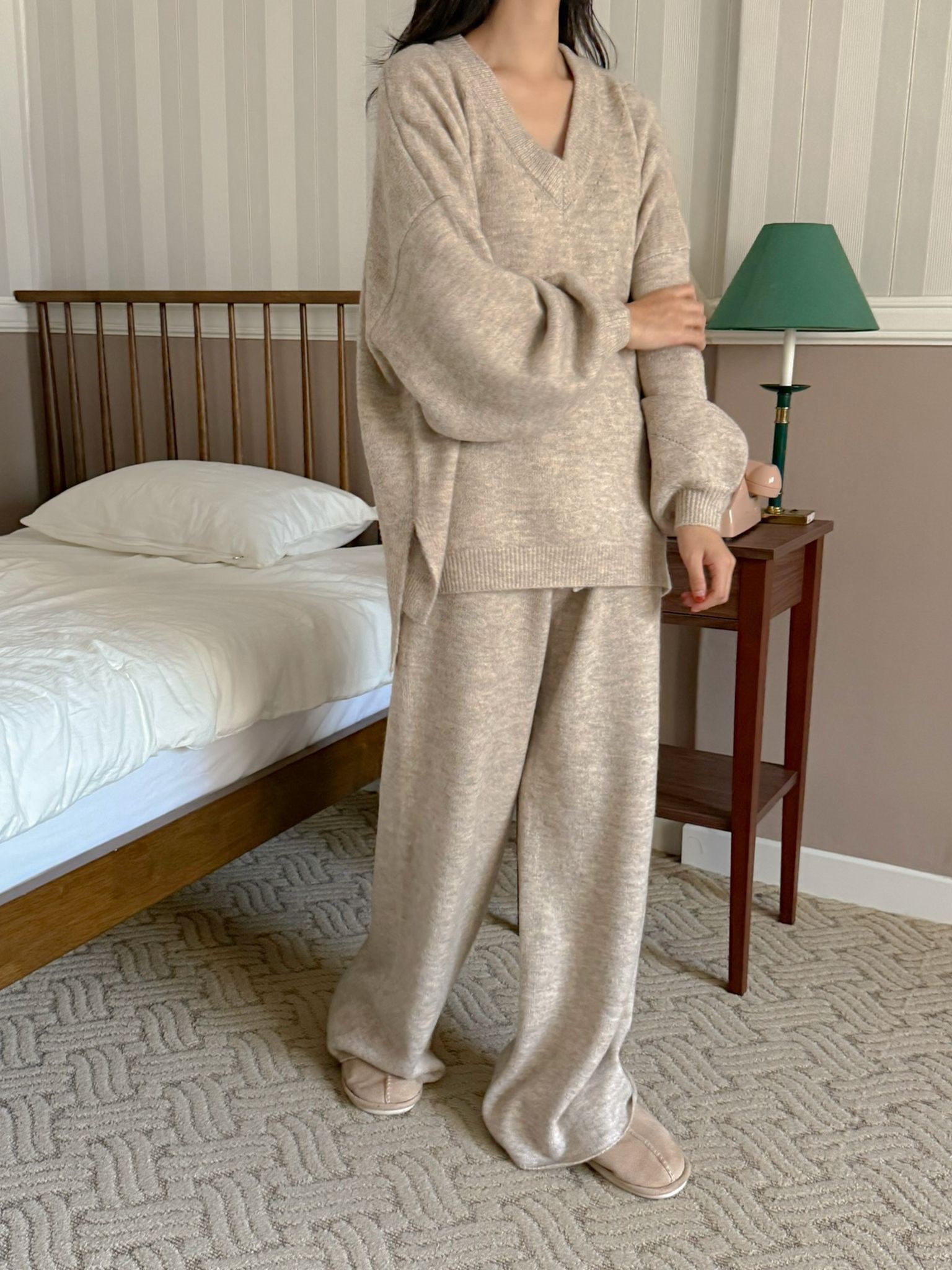 ニットVネックウエストゴムIラインルーズ長袖セットアップパンツニット | 詳細画像14