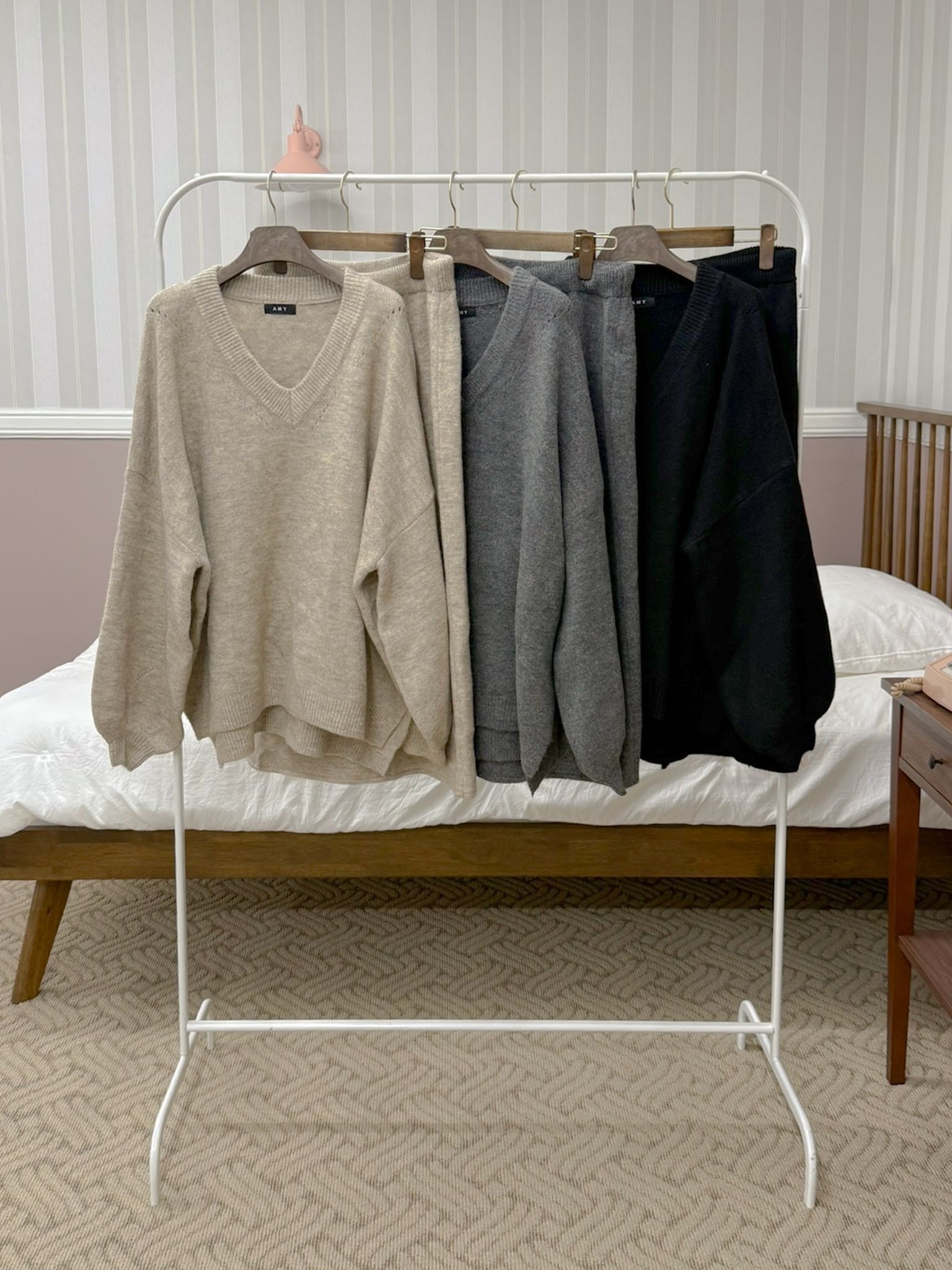 ニットVネックウエストゴムロングルーズ長袖セットアップスカートニット | 詳細画像2