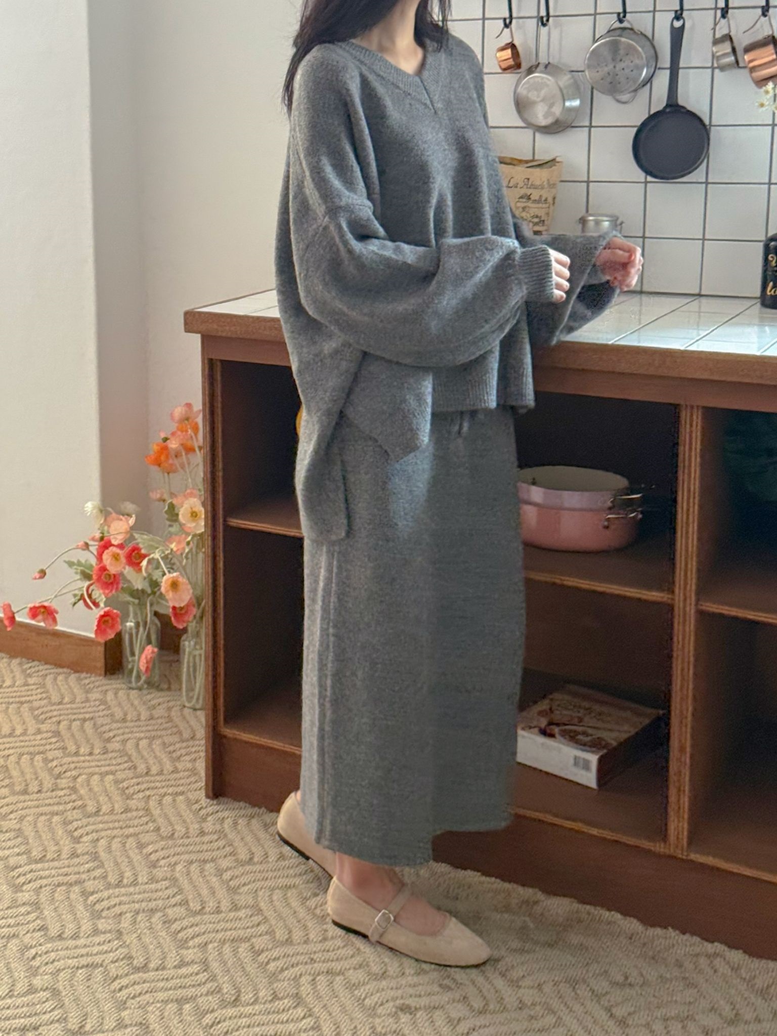 ニットVネックウエストゴムロングルーズ長袖セットアップスカートニット | 詳細画像3