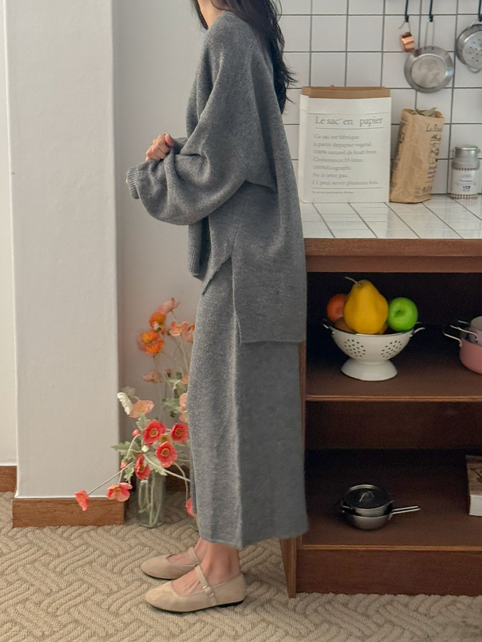 ニットVネックウエストゴムロングルーズ長袖セットアップスカートニット | 詳細画像4