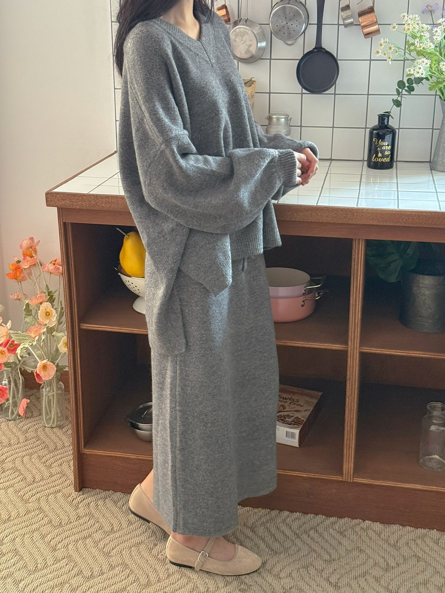 ニットVネックウエストゴムロングルーズ長袖セットアップスカートニット | 詳細画像6