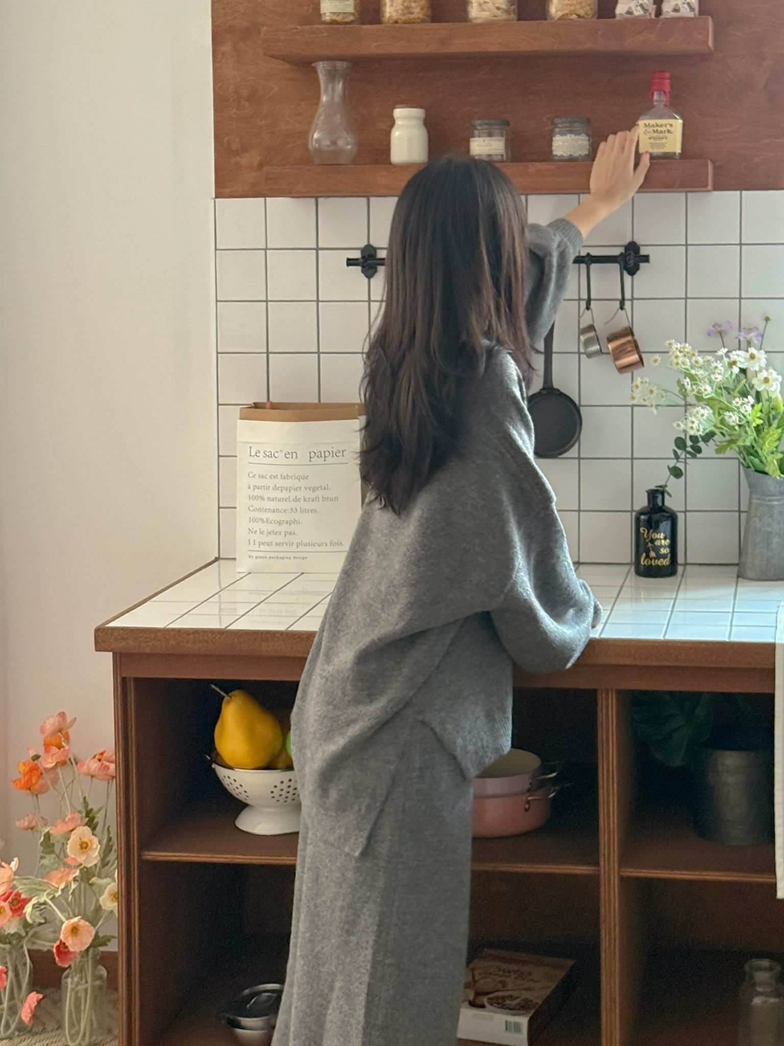 ニットVネックウエストゴムロングルーズ長袖セットアップスカートニット | 詳細画像7