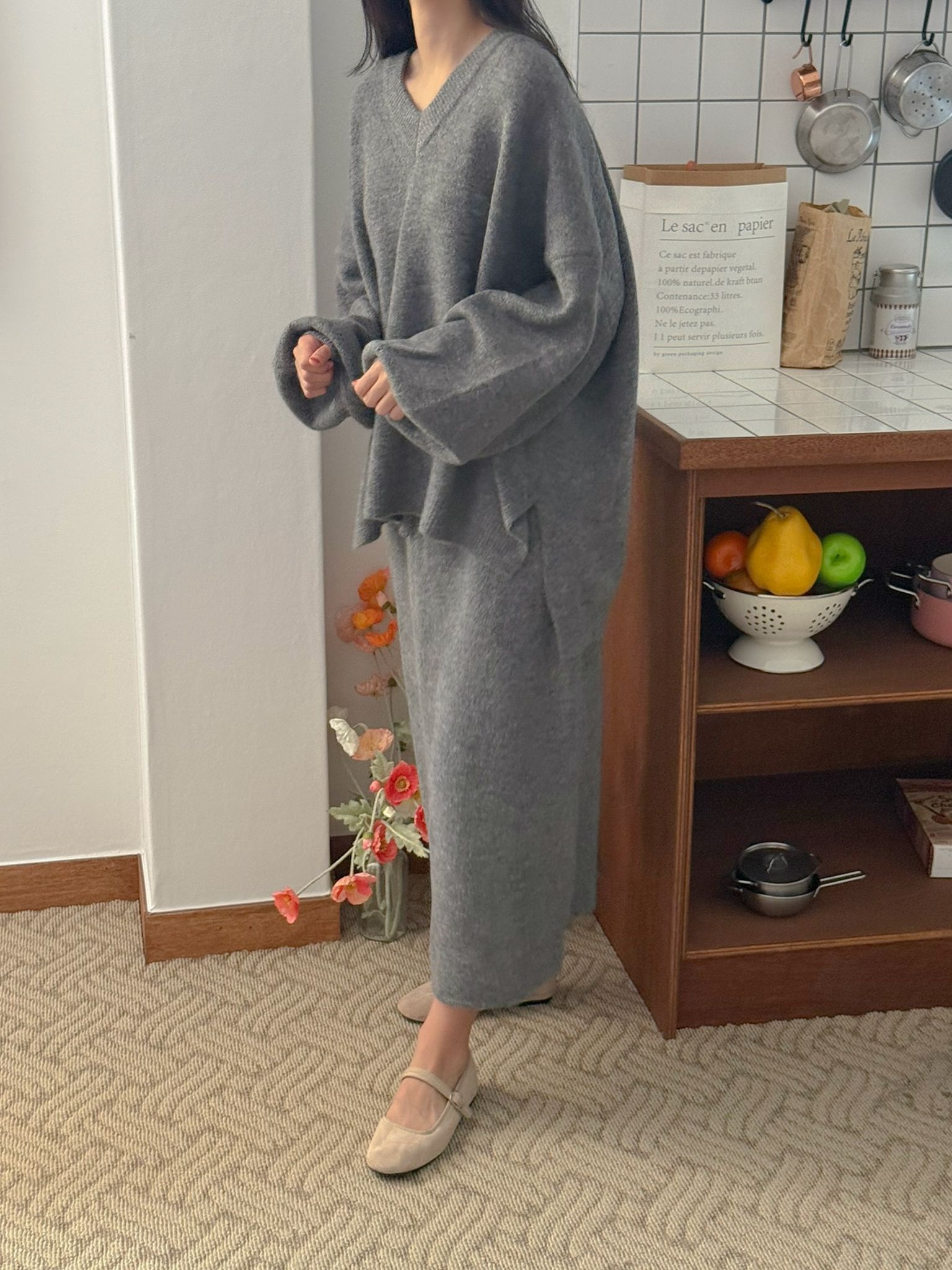 ニットVネックウエストゴムロングルーズ長袖セットアップスカートニット | 詳細画像8