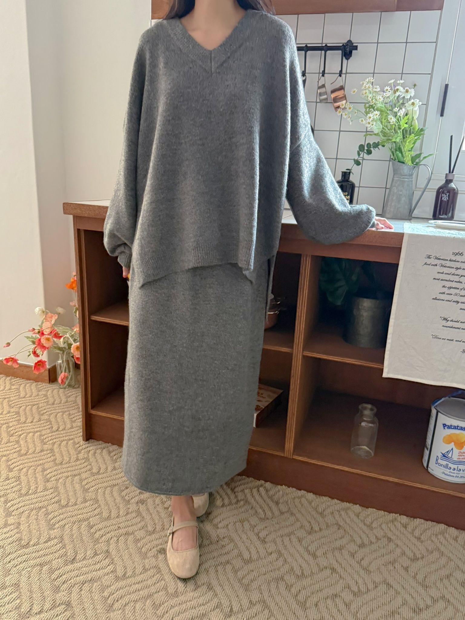 ニットVネックウエストゴムロングルーズ長袖セットアップスカートニット | 詳細画像10