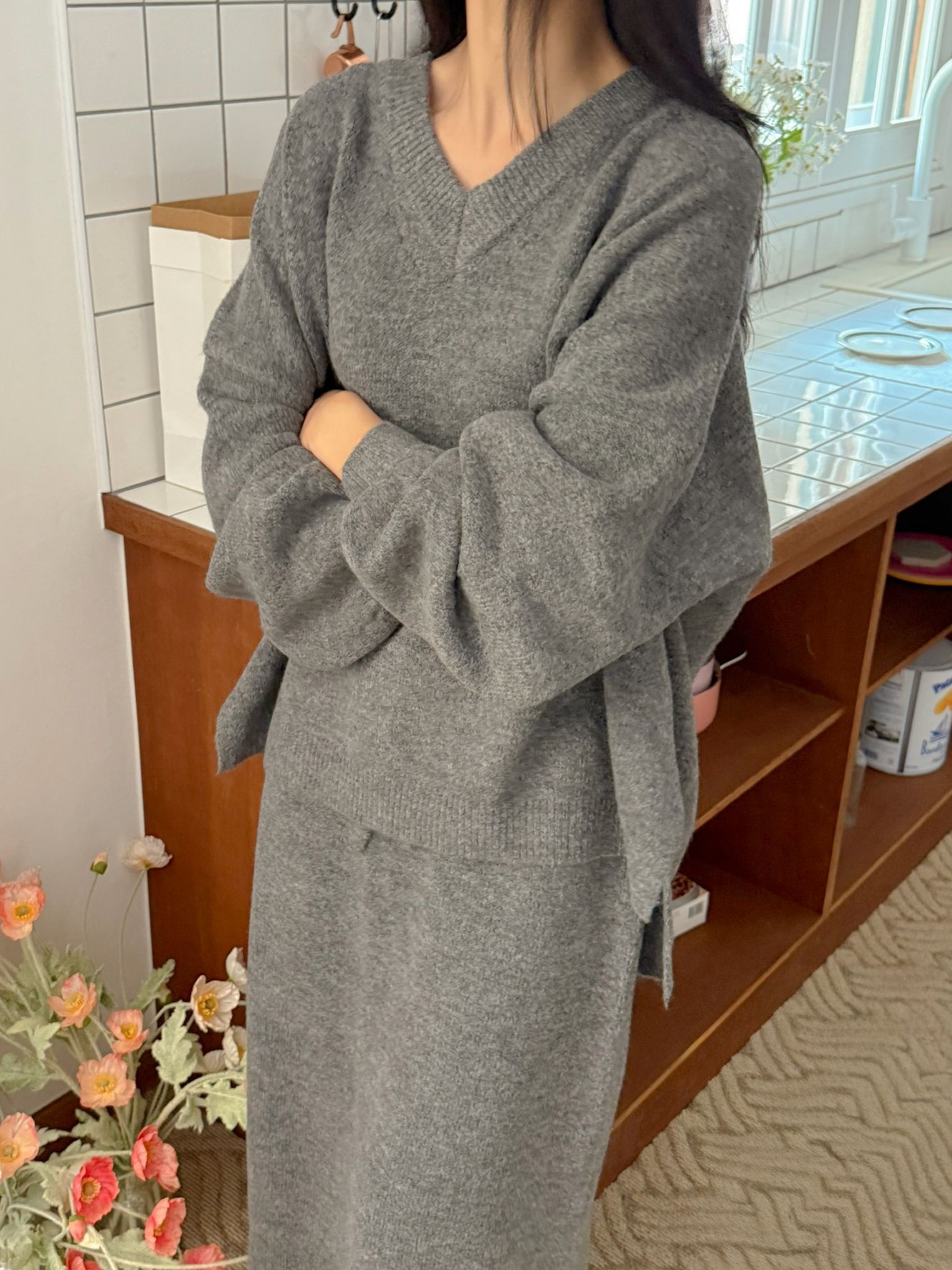 ニットVネックウエストゴムロングルーズ長袖セットアップスカートニット | 詳細画像11