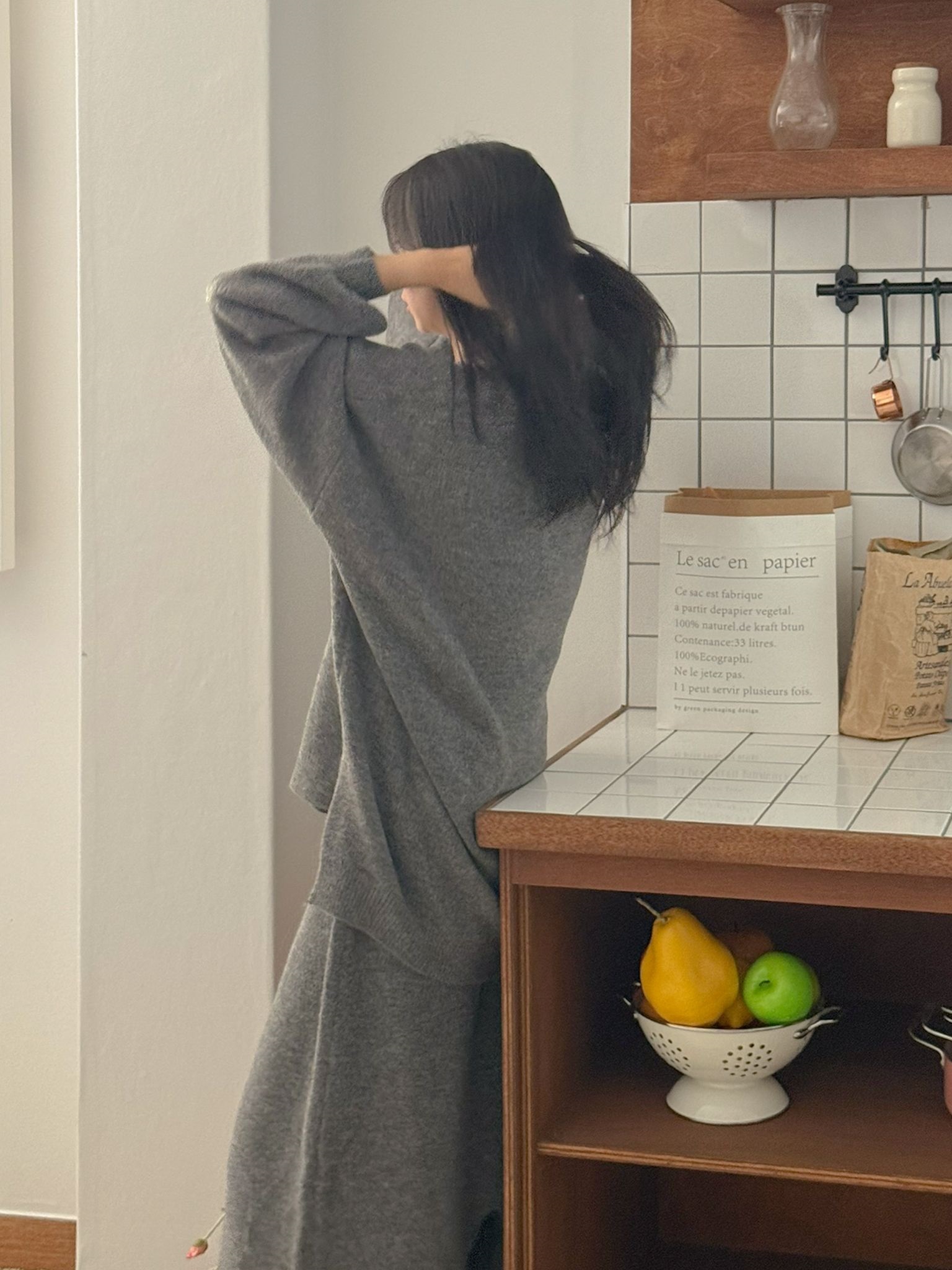 ニットVネックウエストゴムロングルーズ長袖セットアップスカートニット | 詳細画像12