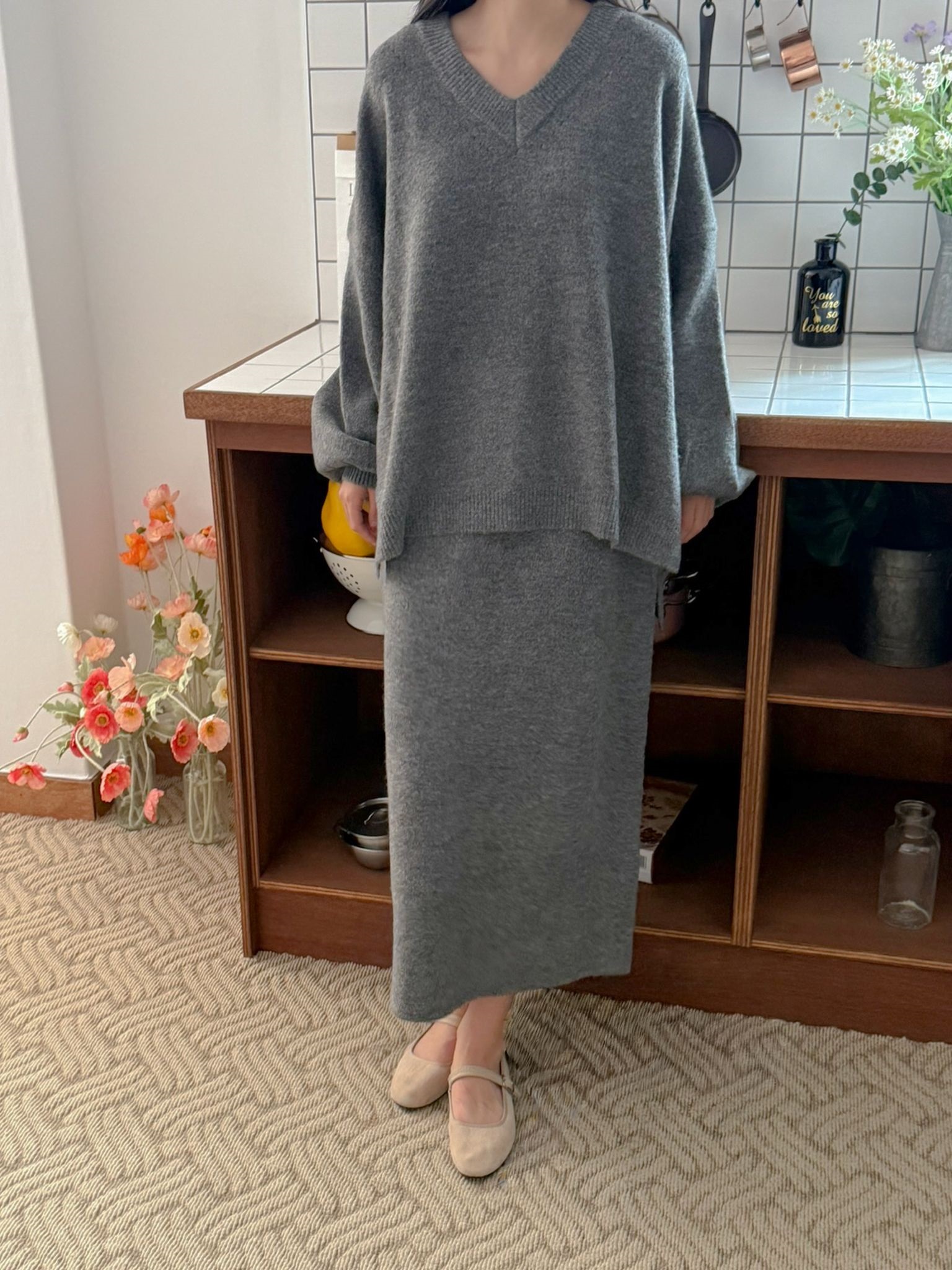 ニットVネックウエストゴムロングルーズ長袖セットアップスカートニット | 詳細画像13