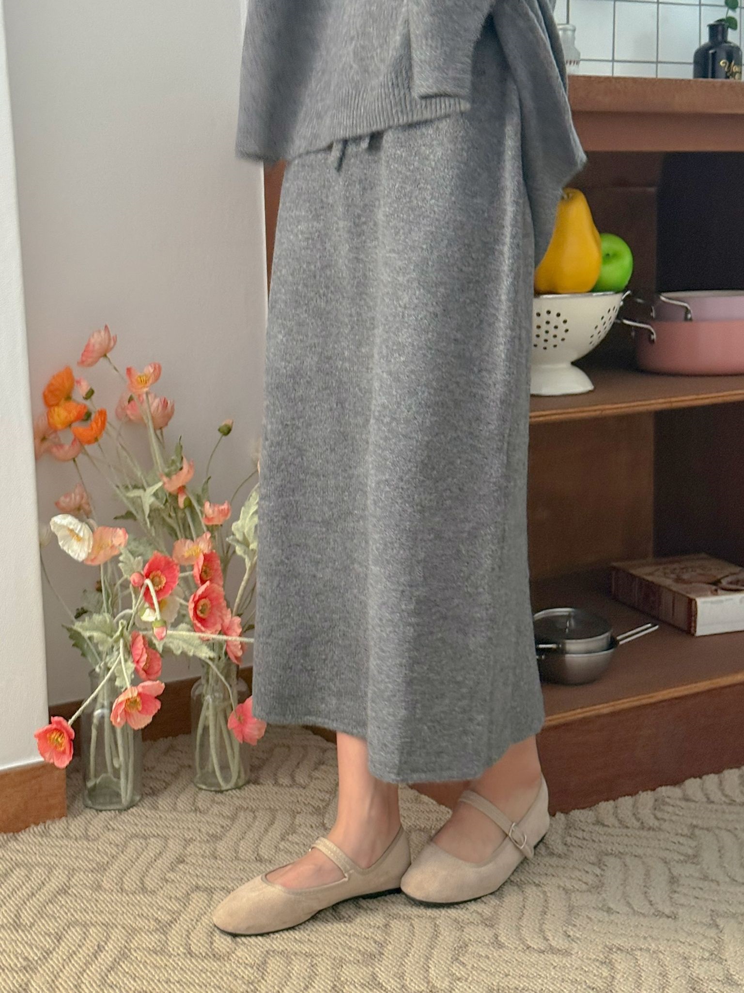 ニットVネックウエストゴムロングルーズ長袖セットアップスカートニット | 詳細画像14