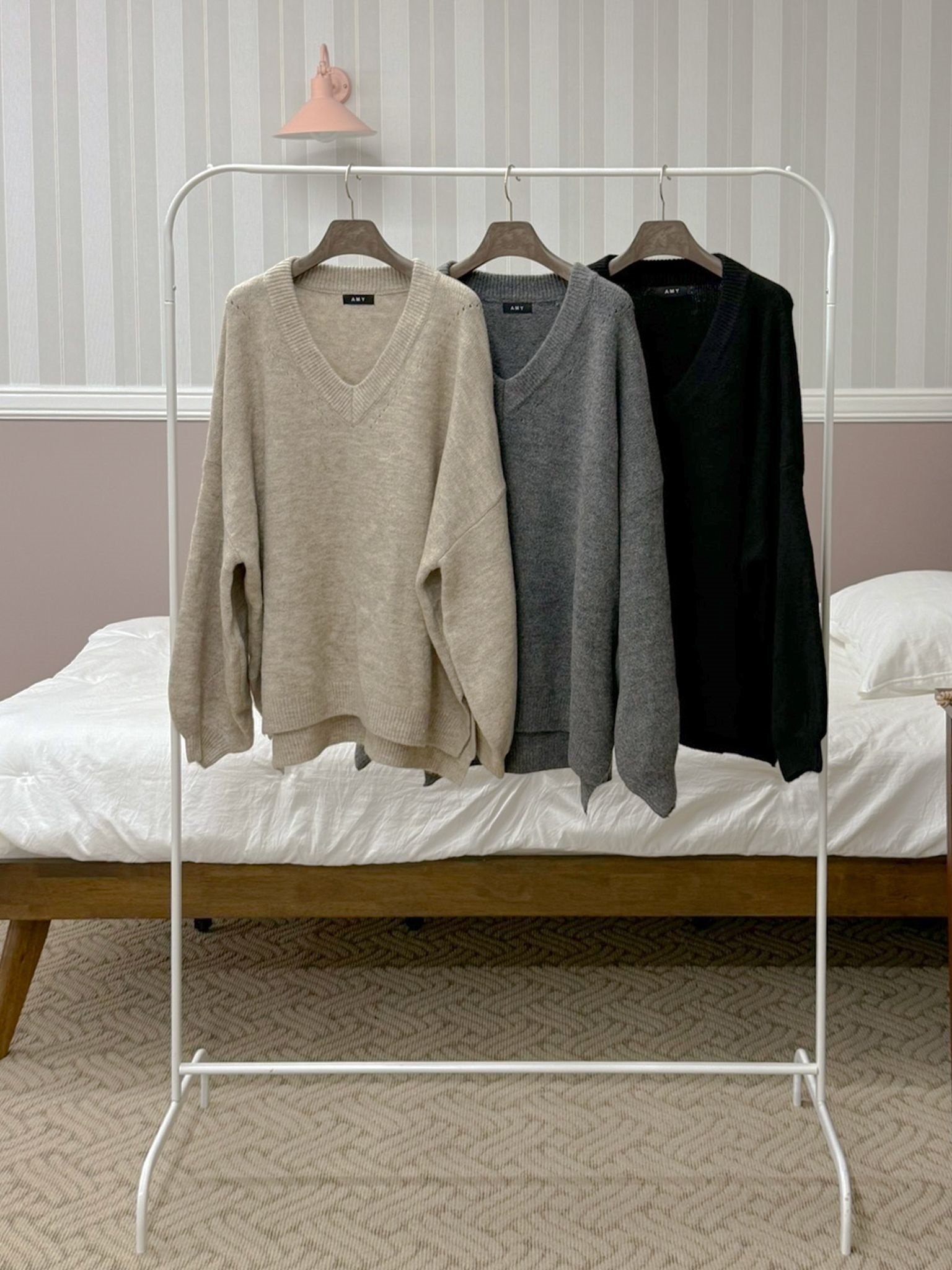 ニットVネックウエストゴムロングルーズ長袖セットアップスカートニット | 詳細画像15