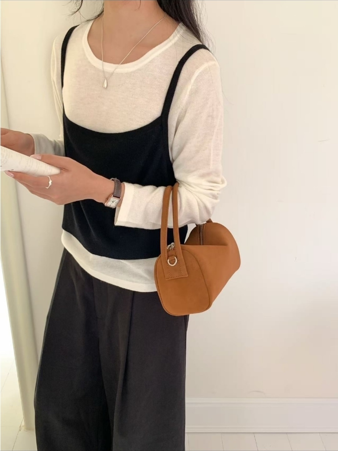 スエード調ジップアップショルダーバッグトートバッグ2WAYストラップ付 | 詳細画像3