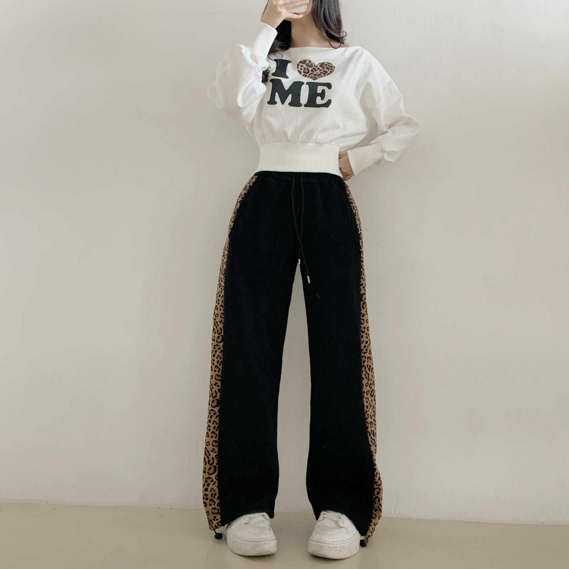 起毛裏地配色ポケットウエストゴムワイドレオパードパンツトレーニング | 詳細画像3