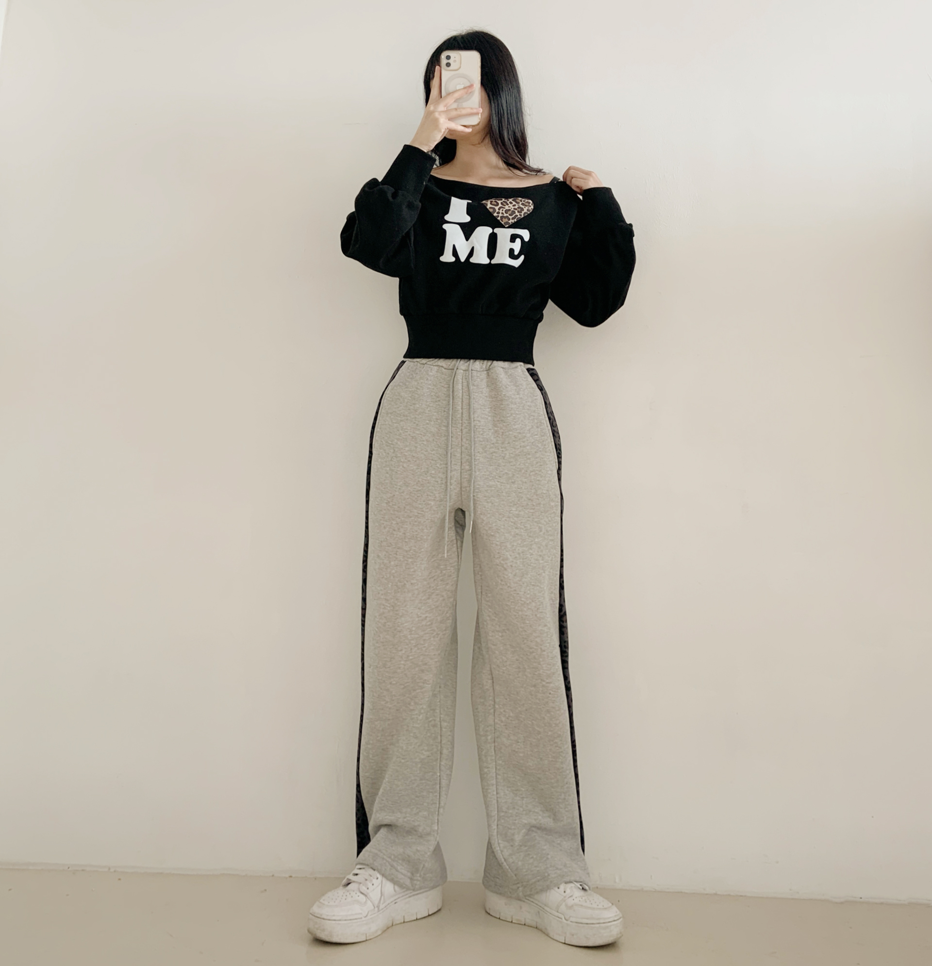 起毛裏地配色ポケットウエストゴムワイドレオパードパンツトレーニング | 詳細画像6