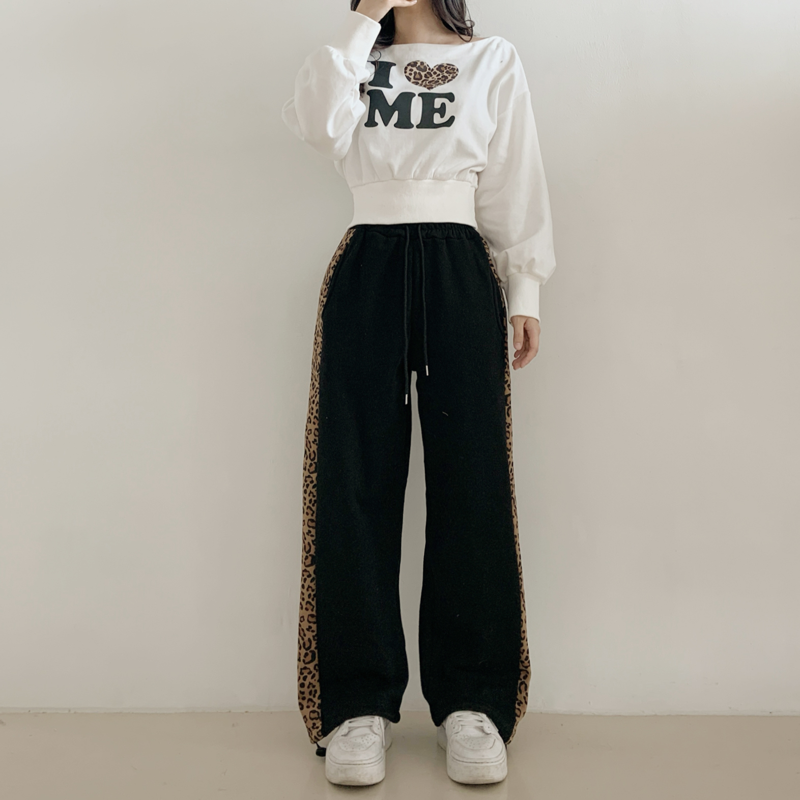 起毛裏地配色ポケットウエストゴムワイドレオパードパンツトレーニング | 詳細画像5