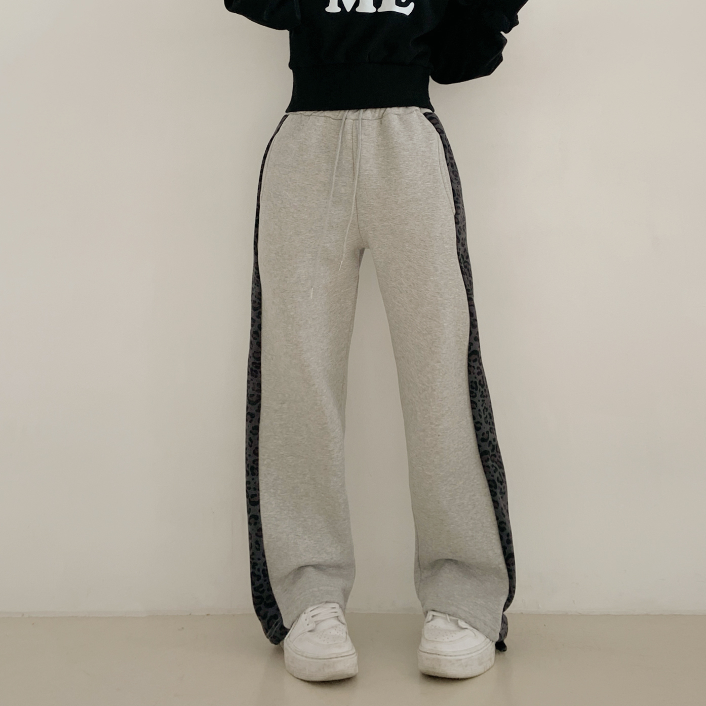 起毛裏地配色ポケットウエストゴムワイドレオパードパンツトレーニング | 詳細画像7
