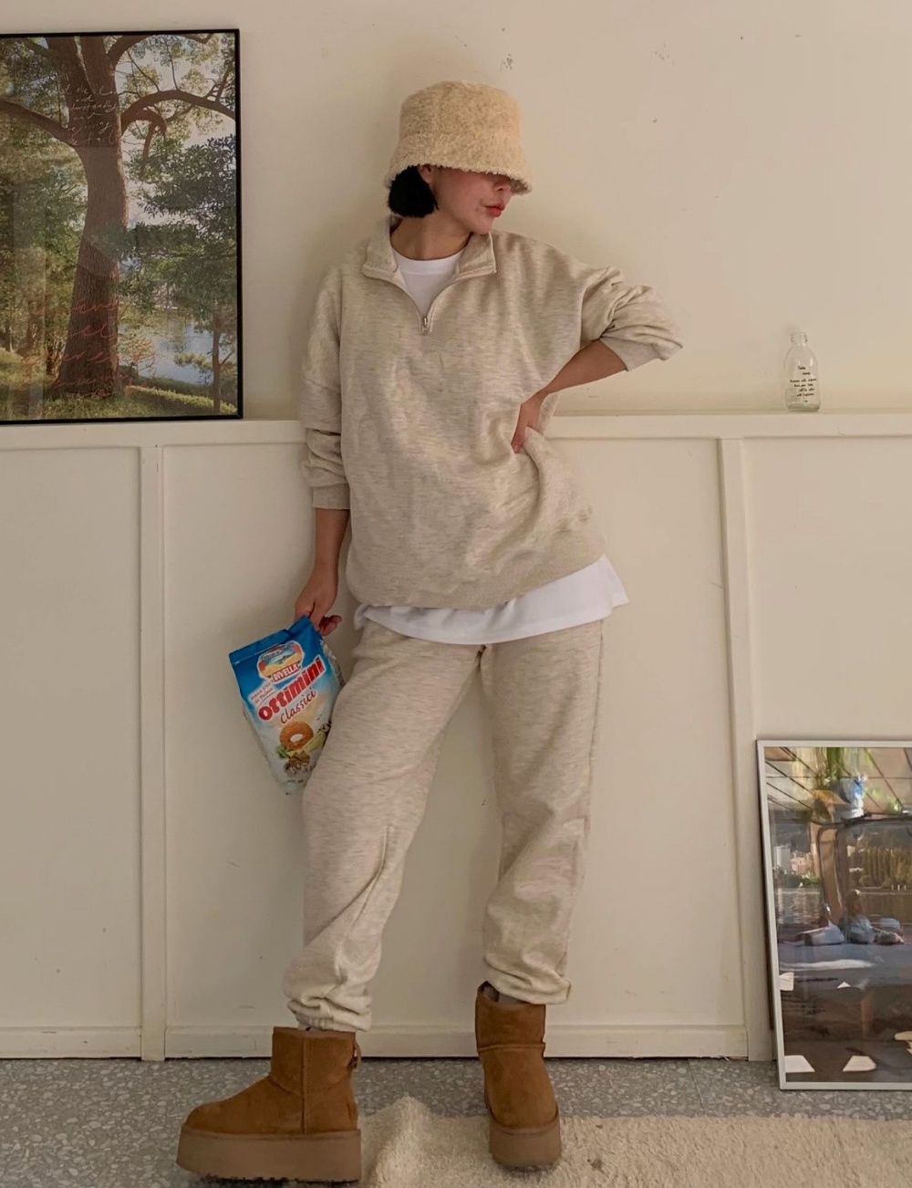 裏起毛コットンハーフネックハーフジップオーバーサイズルーズ長袖スウェット | 詳細画像7