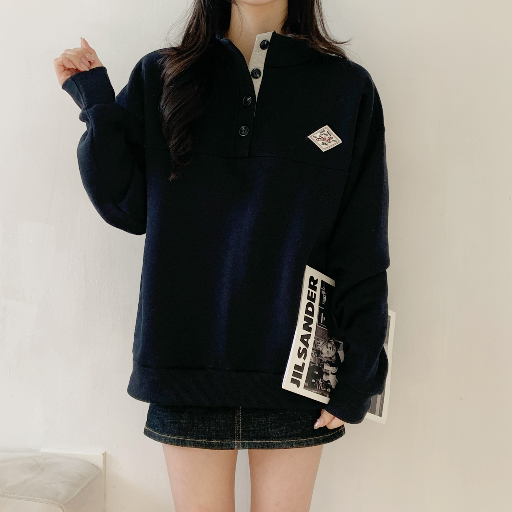 裏起毛コットンボタンハイネックルーズ長袖ロゴスウェット | 詳細画像4