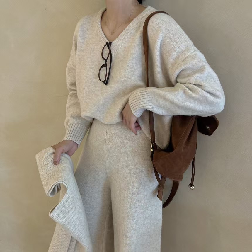 Vネックウエストゴムルーズワイドカラーパンツニットショール付 | 詳細画像2