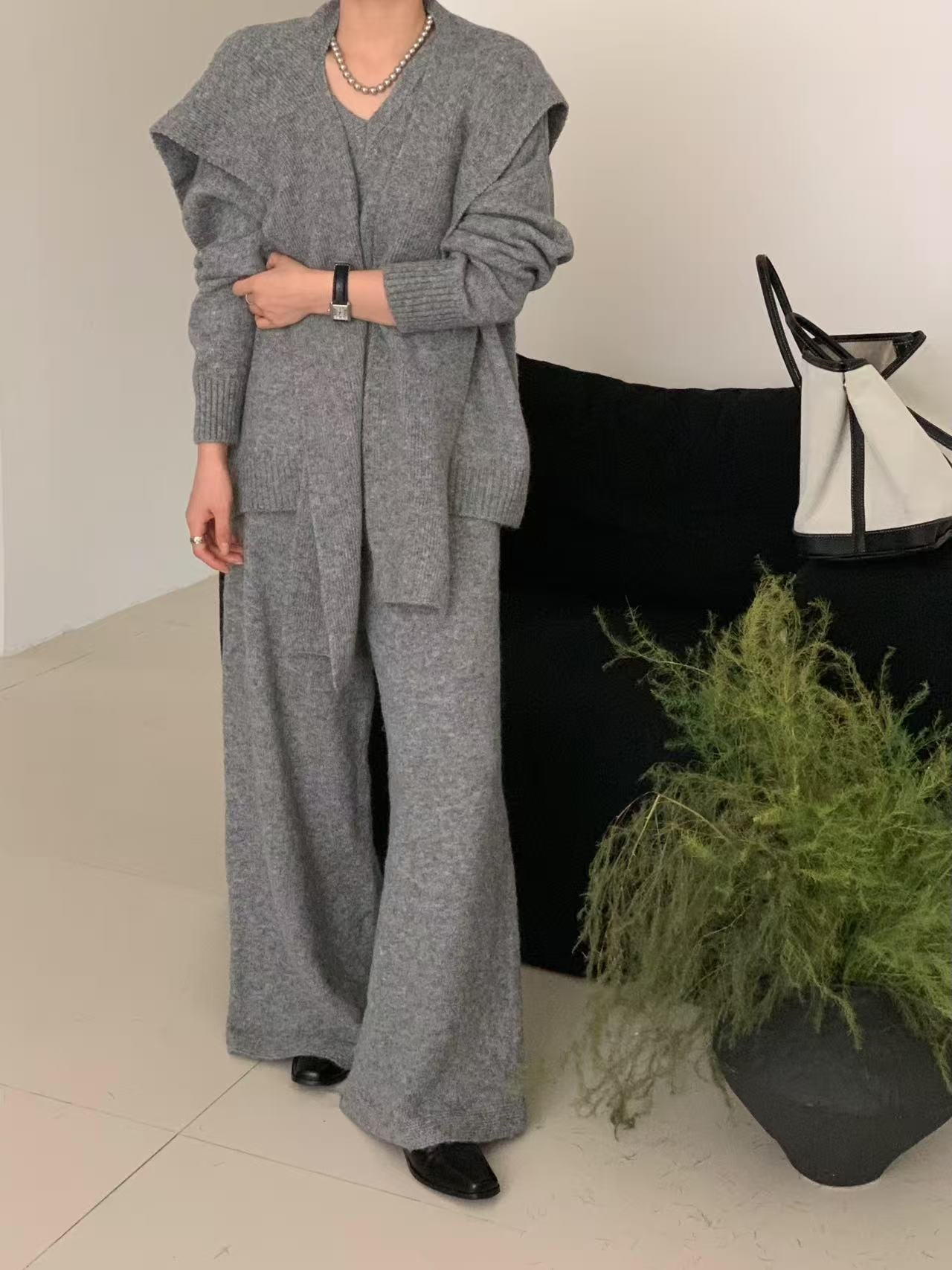 Vネックウエストゴムルーズワイドカラーパンツニットショール付 | 詳細画像3