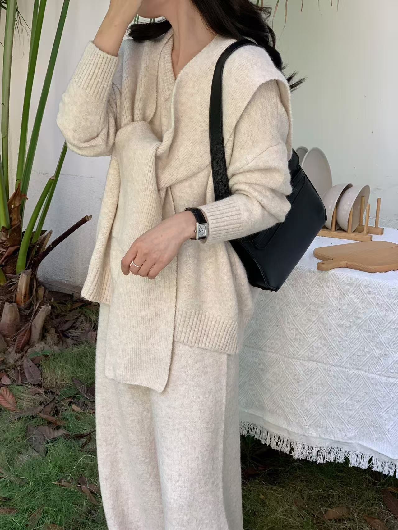 Vネックウエストゴムルーズワイドカラーパンツニットショール付 | 詳細画像4