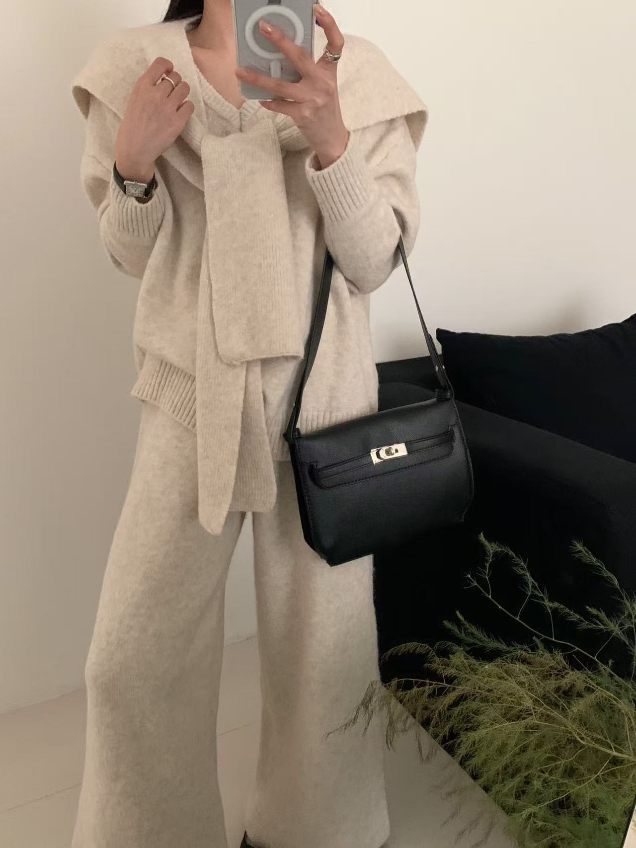 Vネックウエストゴムルーズワイドカラーパンツニットショール付 | 詳細画像5