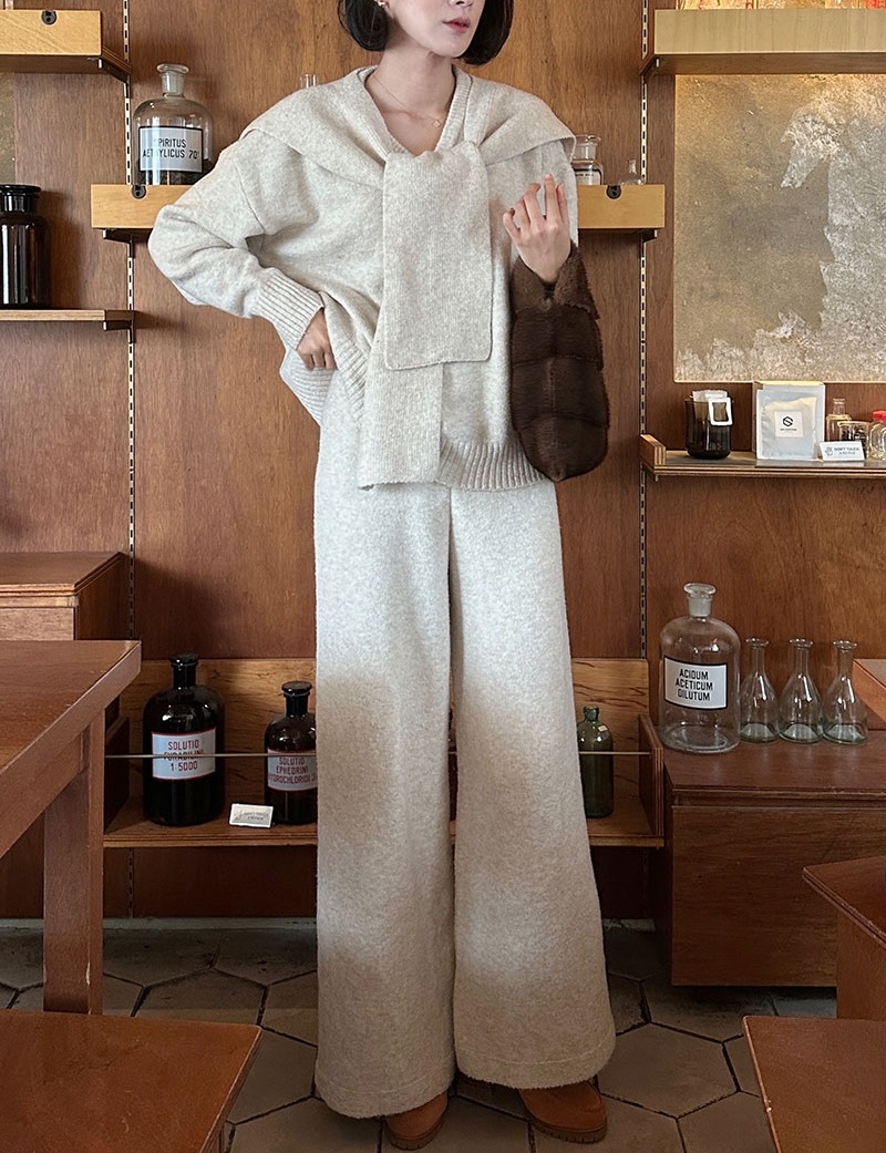 Vネックウエストゴムルーズワイドカラーパンツニットショール付 | 詳細画像6