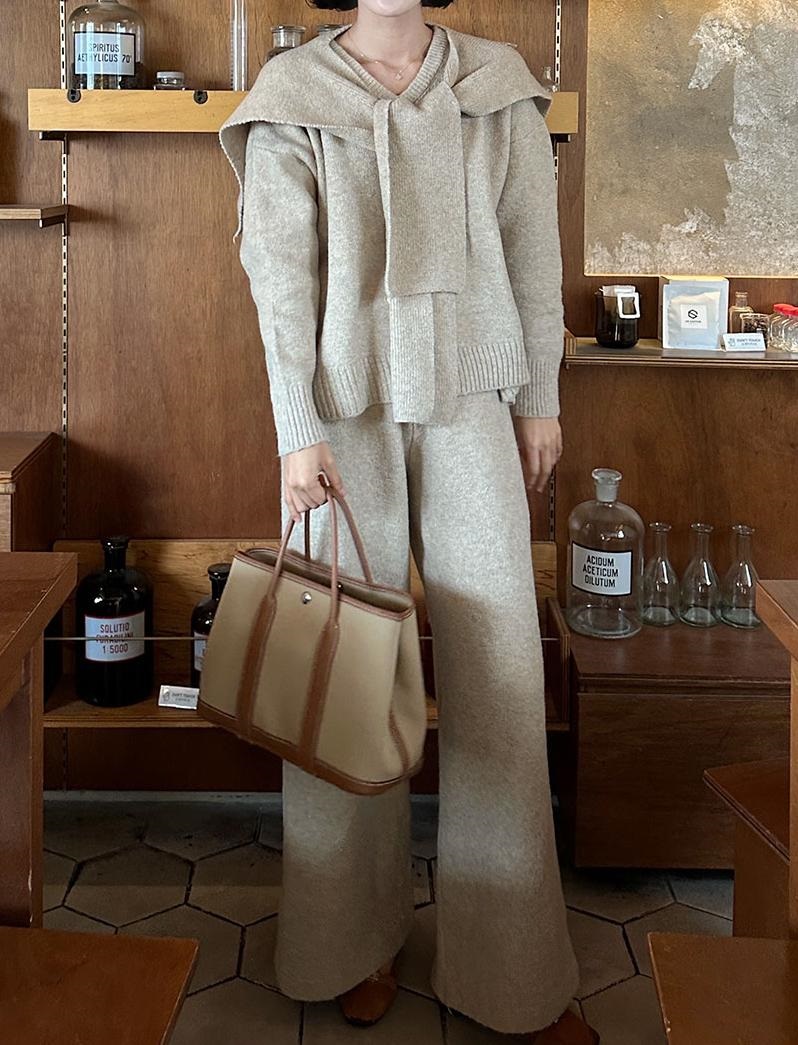 Vネックウエストゴムルーズワイドカラーパンツニットショール付 | 詳細画像12