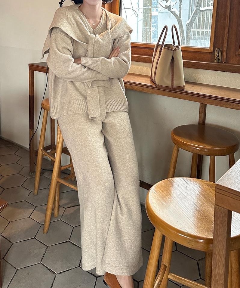 Vネックウエストゴムルーズワイドカラーパンツニットショール付 | 詳細画像13