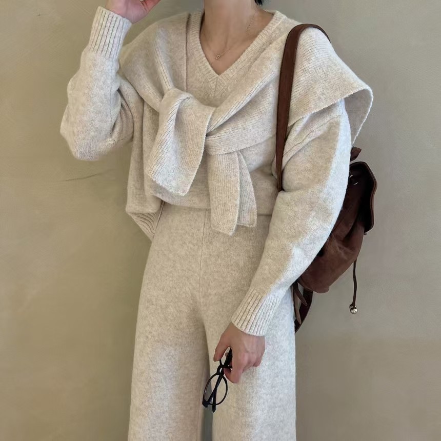 Vネックウエストゴムルーズワイドカラーパンツニットショール付 | 詳細画像15