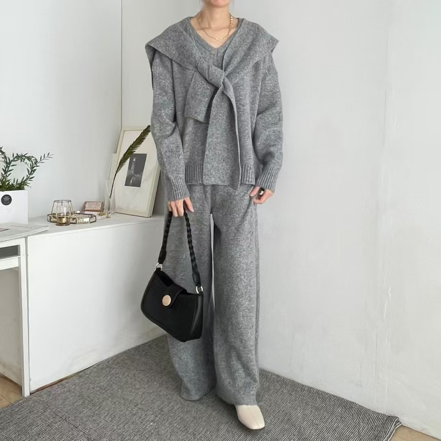 Vネックウエストゴムルーズワイドカラーパンツニットショール付 | 詳細画像22