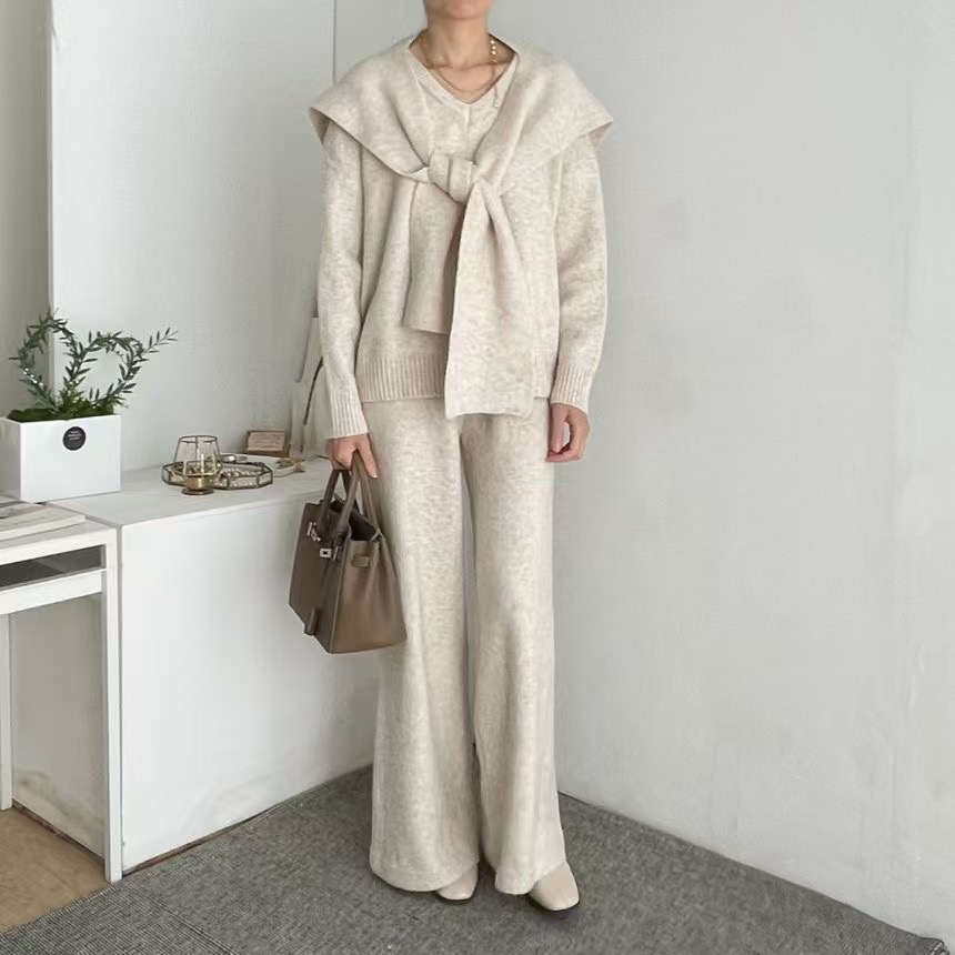 Vネックウエストゴムルーズワイドカラーパンツニットショール付 | 詳細画像17